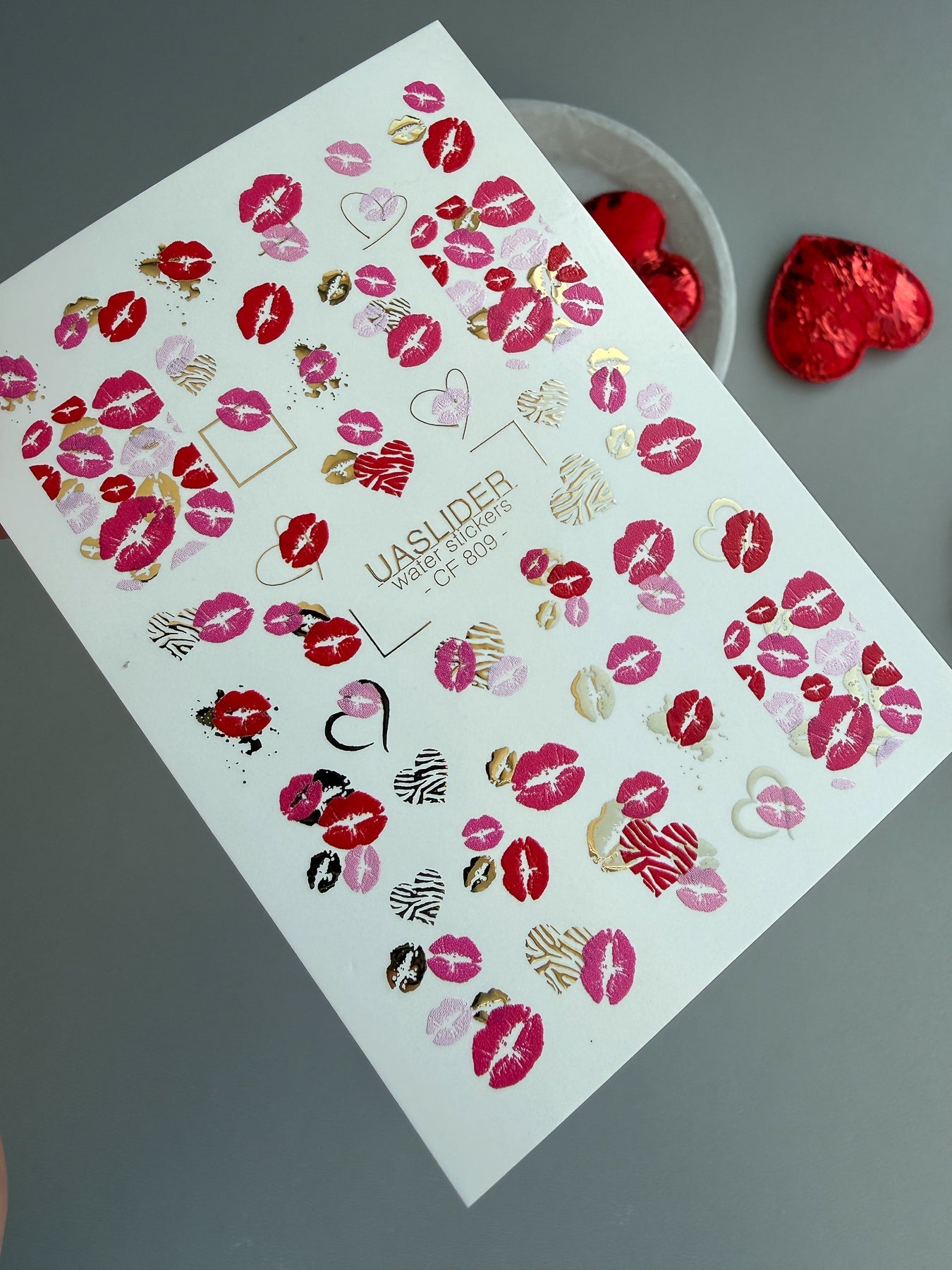 Kiss Print Nail Decals — Lips in Pink, Red & Gold Foil | CF - 809 - UASLIDER