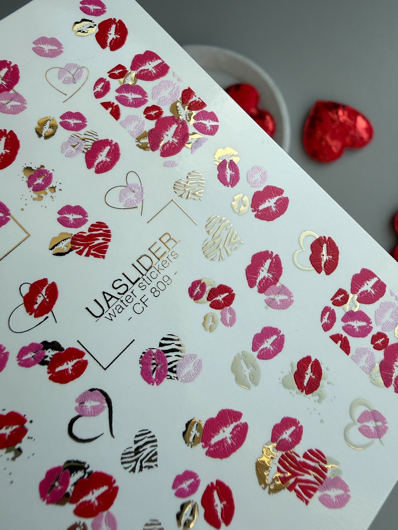 Kiss Print Nail Decals — Lips in Pink, Red & Gold Foil | CF - 809 - UASLIDER