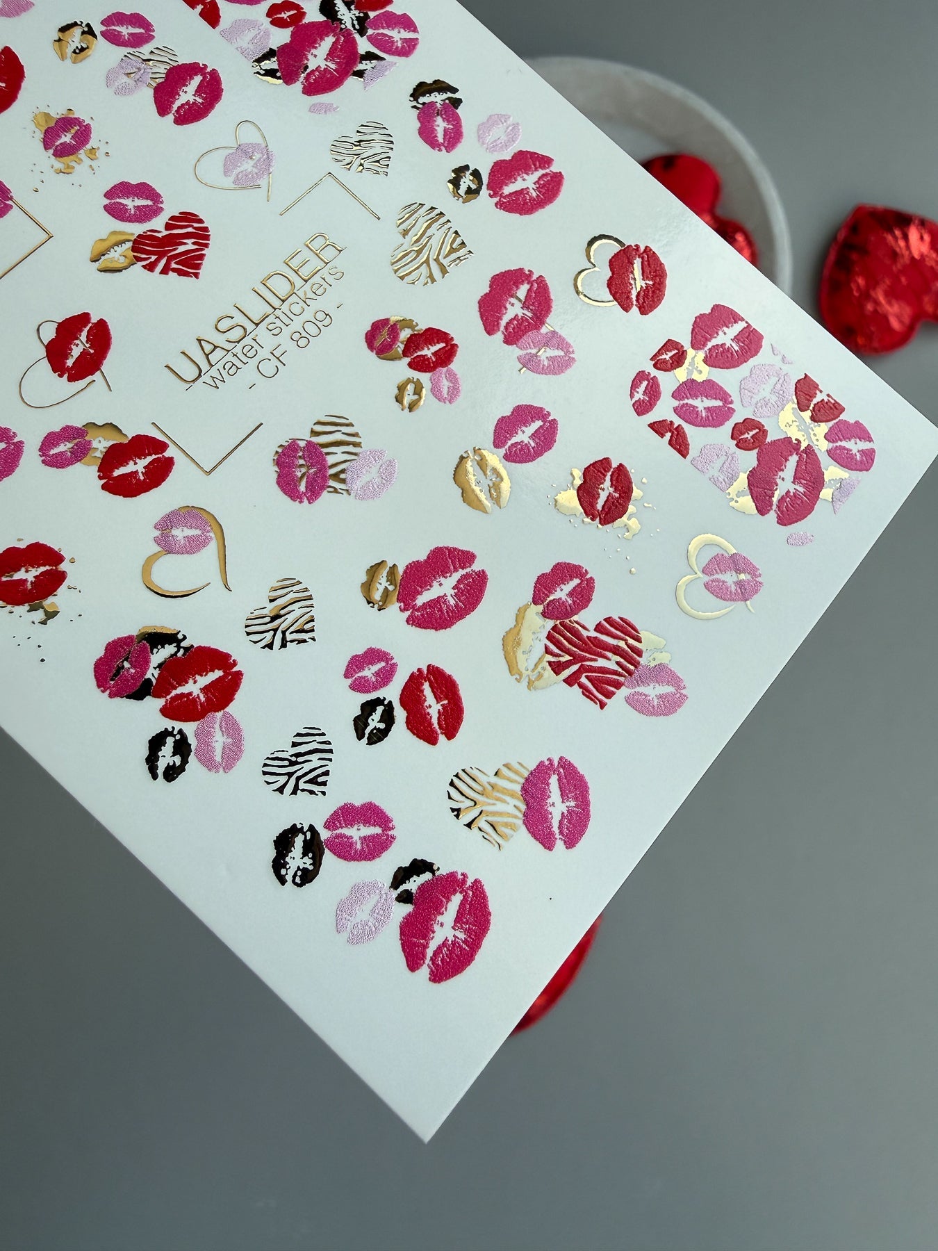 Kiss Print Nail Decals — Lips in Pink, Red & Gold Foil | CF - 809 - UASLIDER
