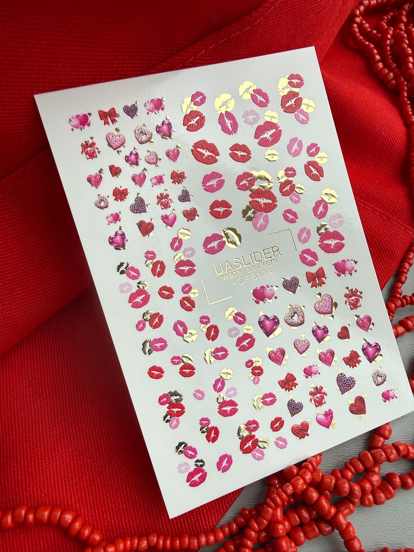 Kiss & Valentine Nail Decals — Lips, Hearts & Gold Foil | CF - 810 - UASLIDER