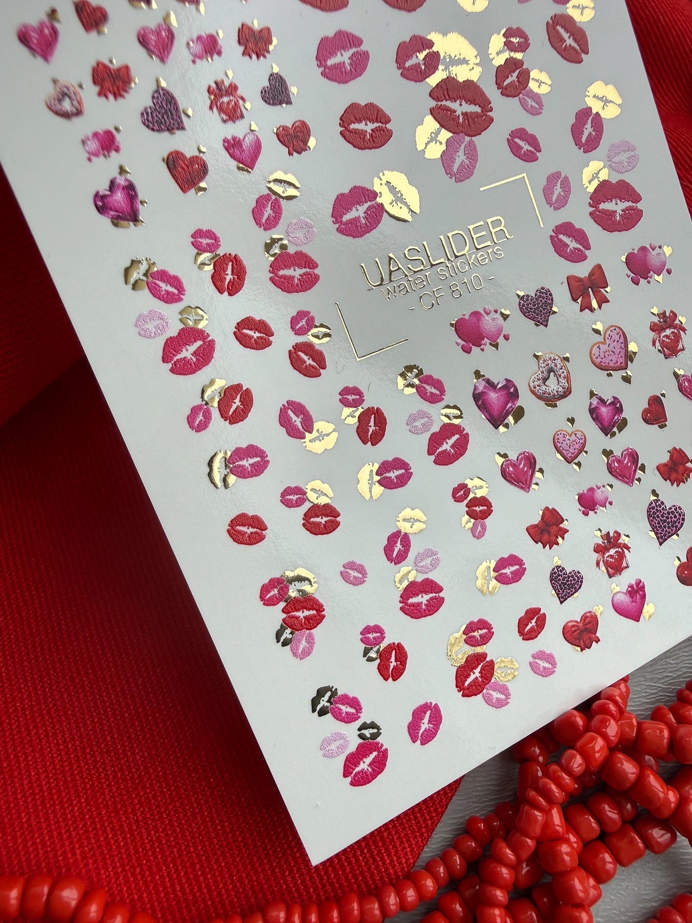 Kiss & Valentine Nail Decals — Lips, Hearts & Gold Foil | CF - 810 - UASLIDER