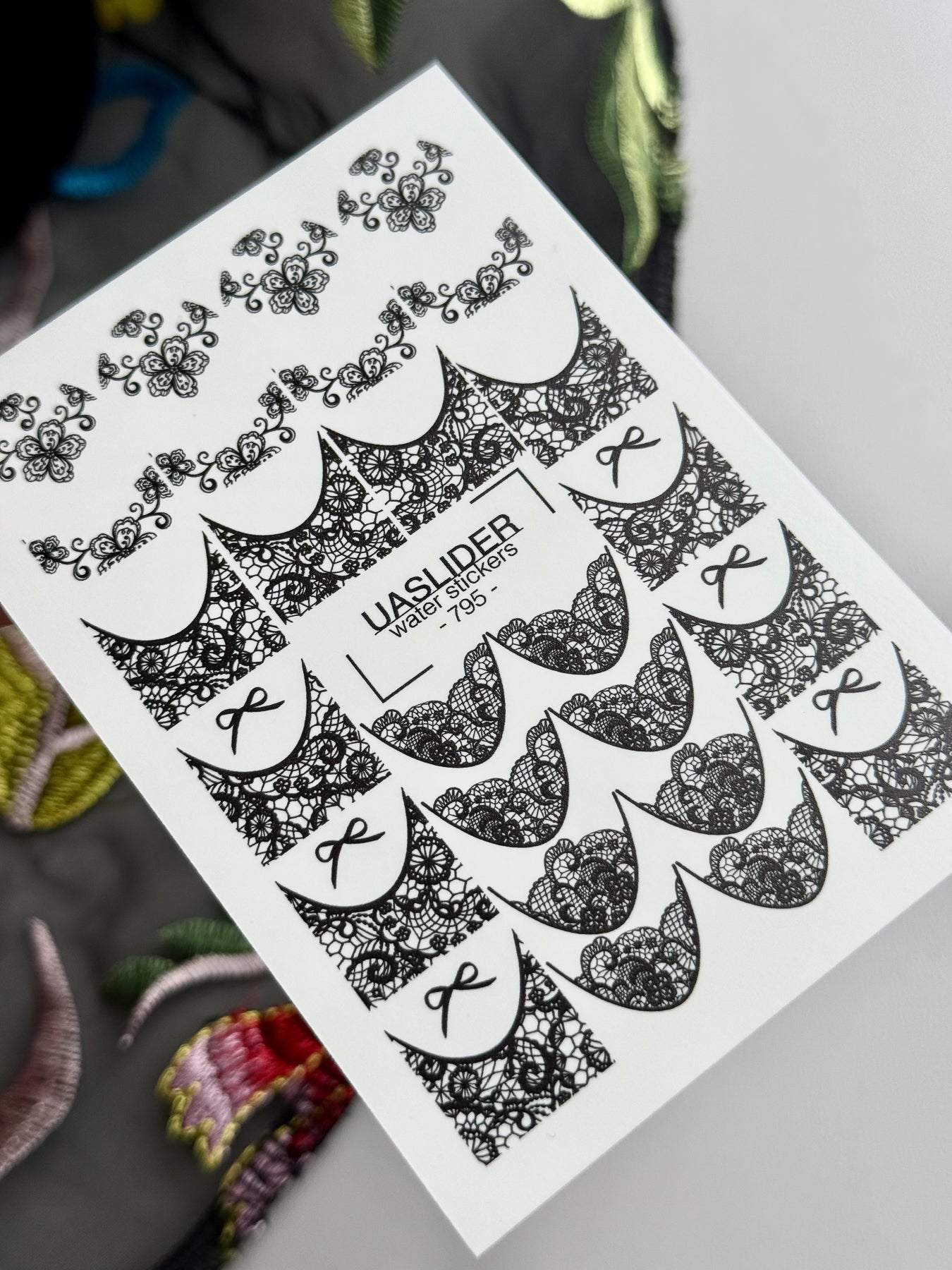 Lace Bow Nail Decals — Black Floral Lace French Tips | 795 - UASLIDER
