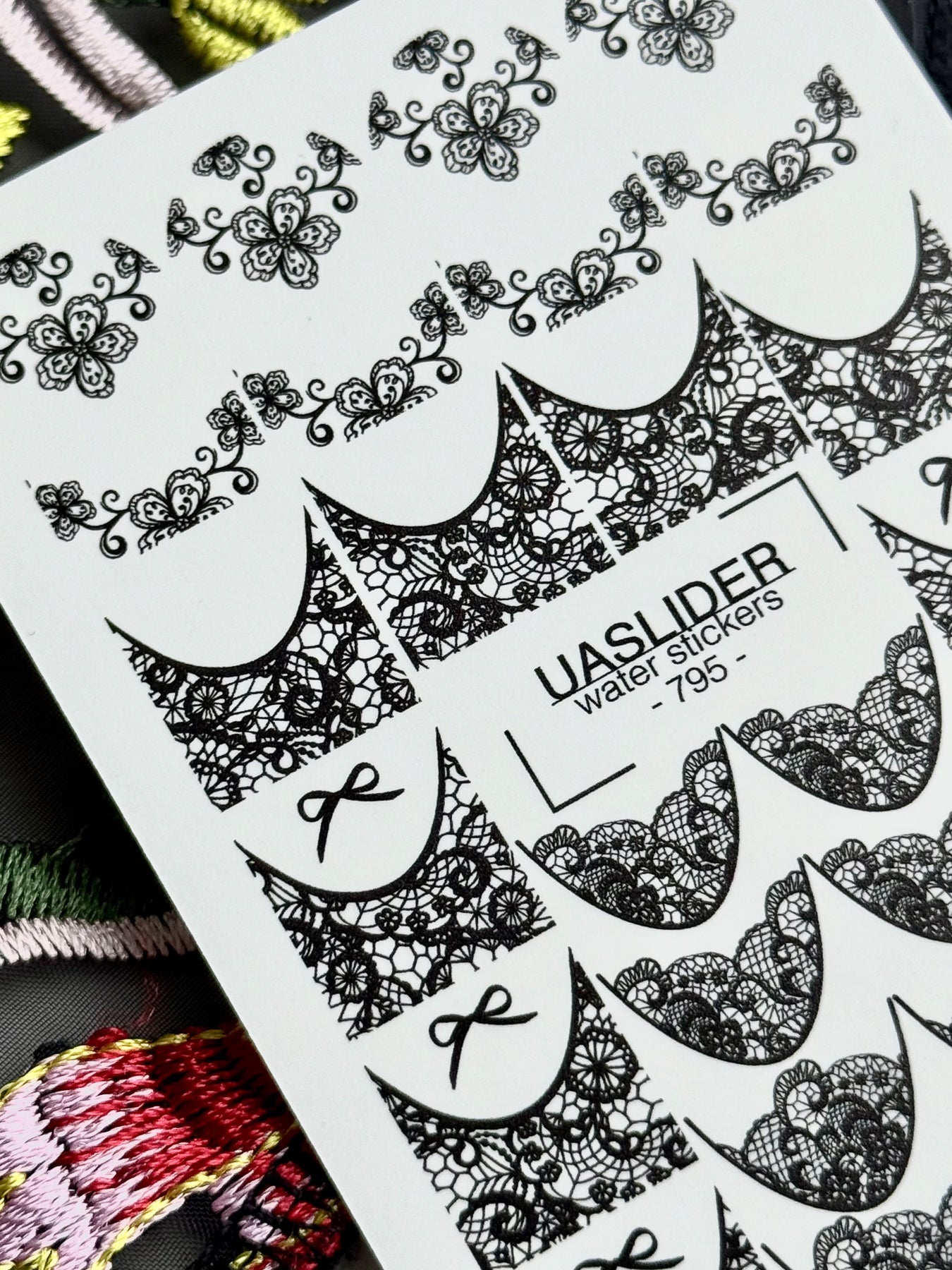 Lace Bow Nail Decals — Black Floral Lace French Tips | 795 - UASLIDER
