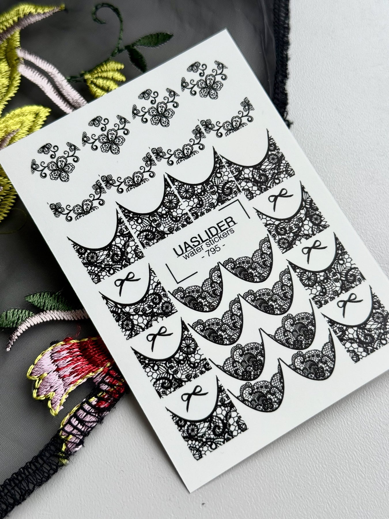 Lace Bow Nail Decals — Black Floral Lace French Tips | 795 - UASLIDER