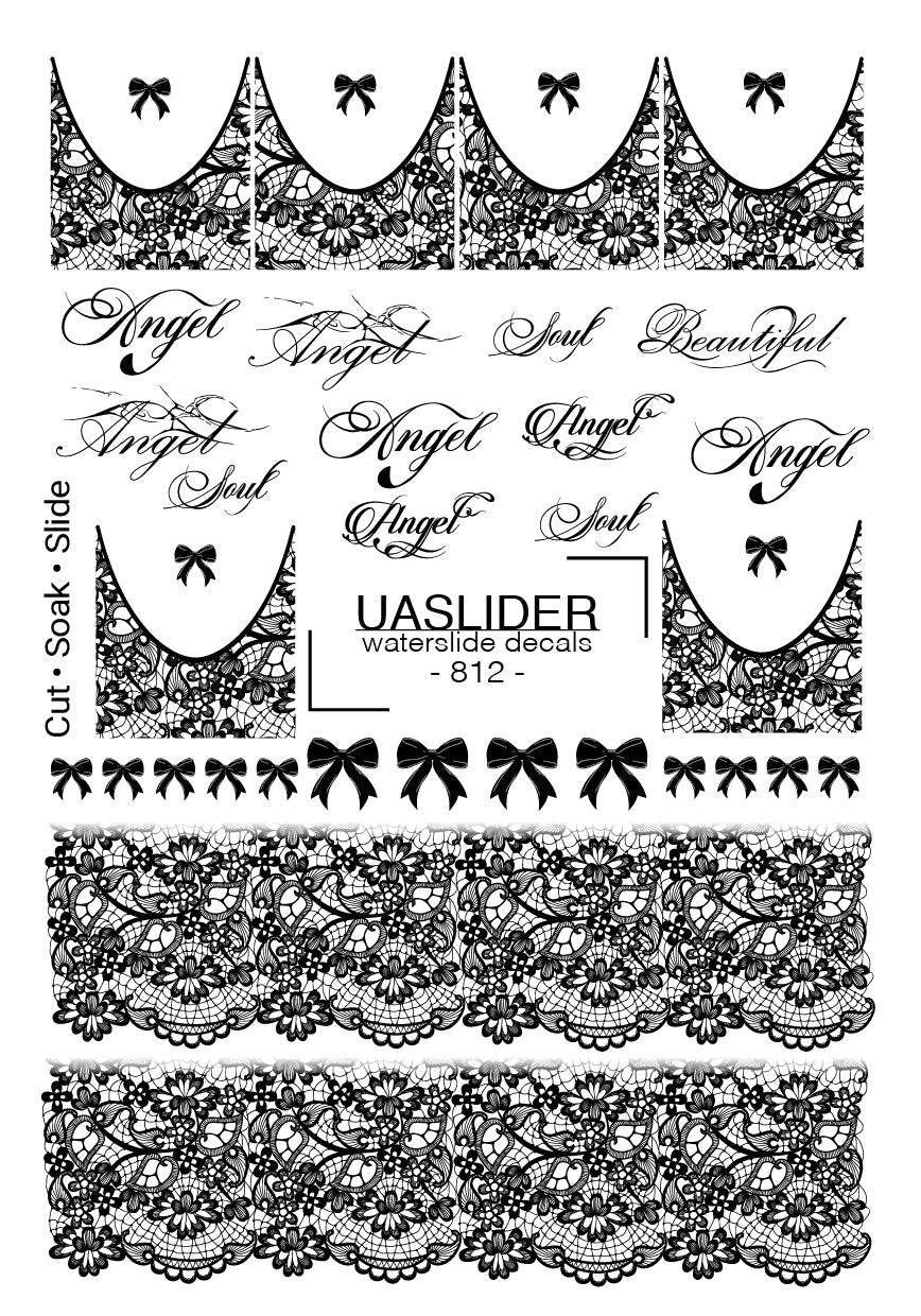 Lace Nail Decals — Black Lace Tips, Bows & "Angel" Script | 812 - UASLIDER