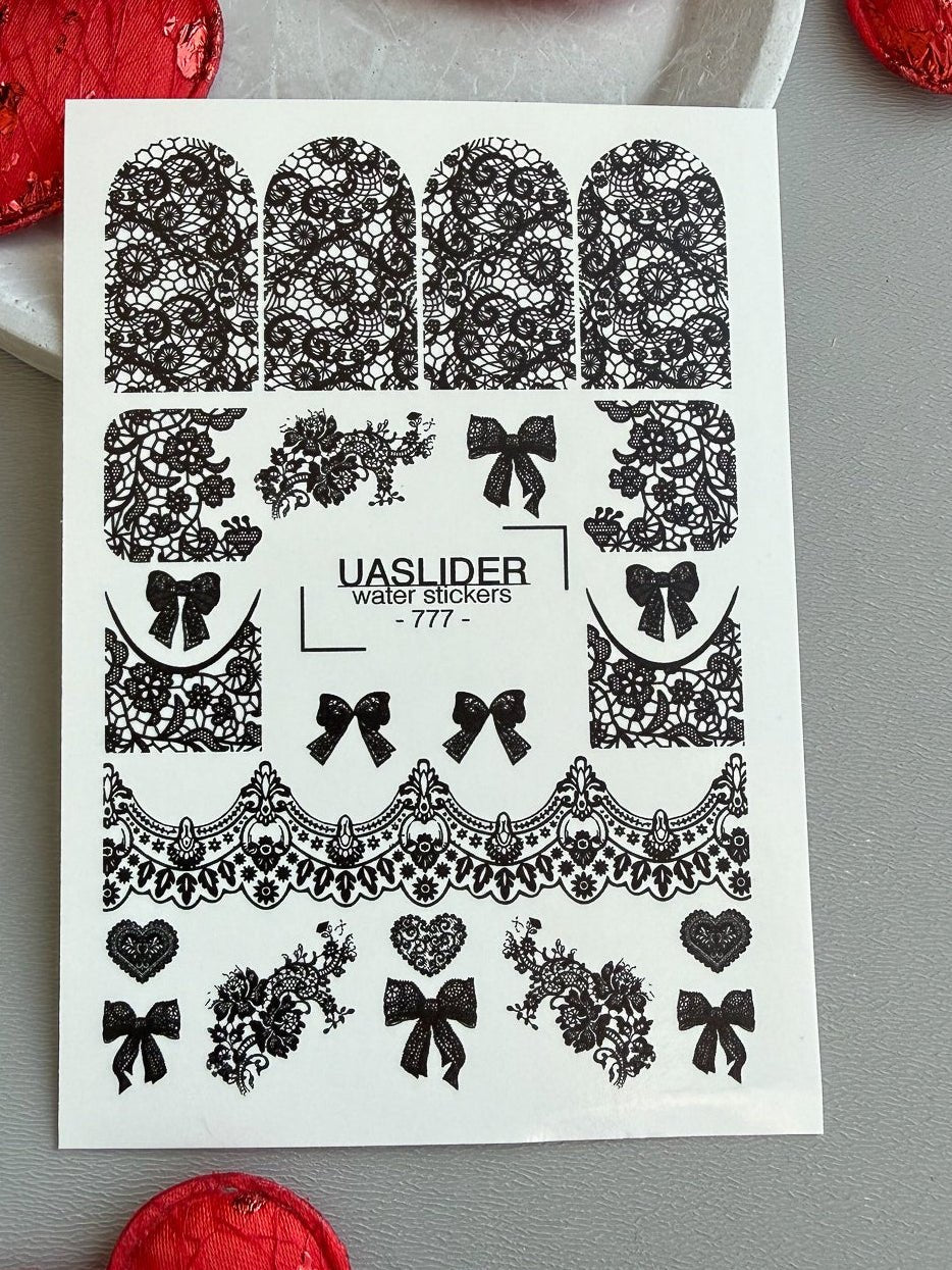 Lace Nail Decals — Black Lace Wraps, Bows & Lace Hearts | 777 - UASLIDER