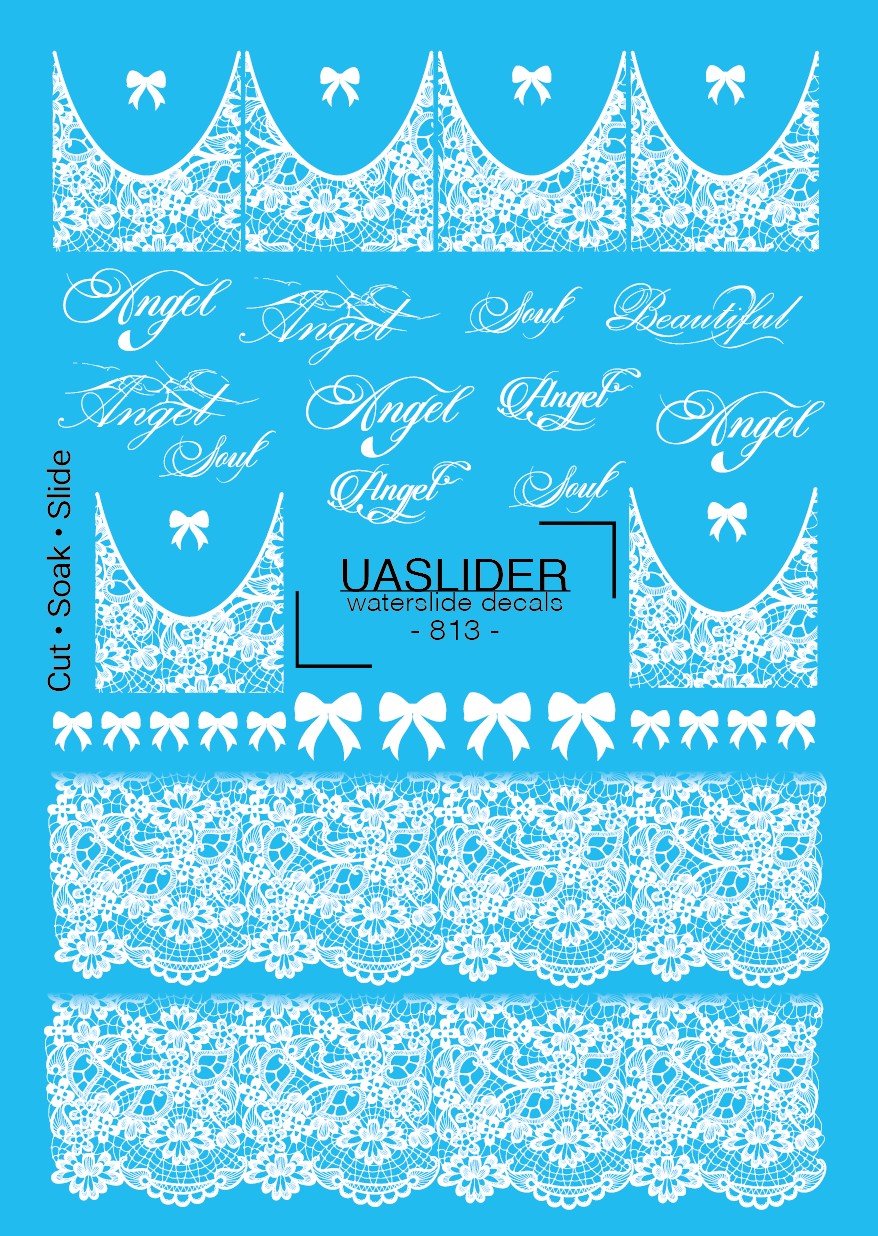 Lace Nail Decals — White Lace Tips, Bows & "Angel" Script | 813 - UASLIDER