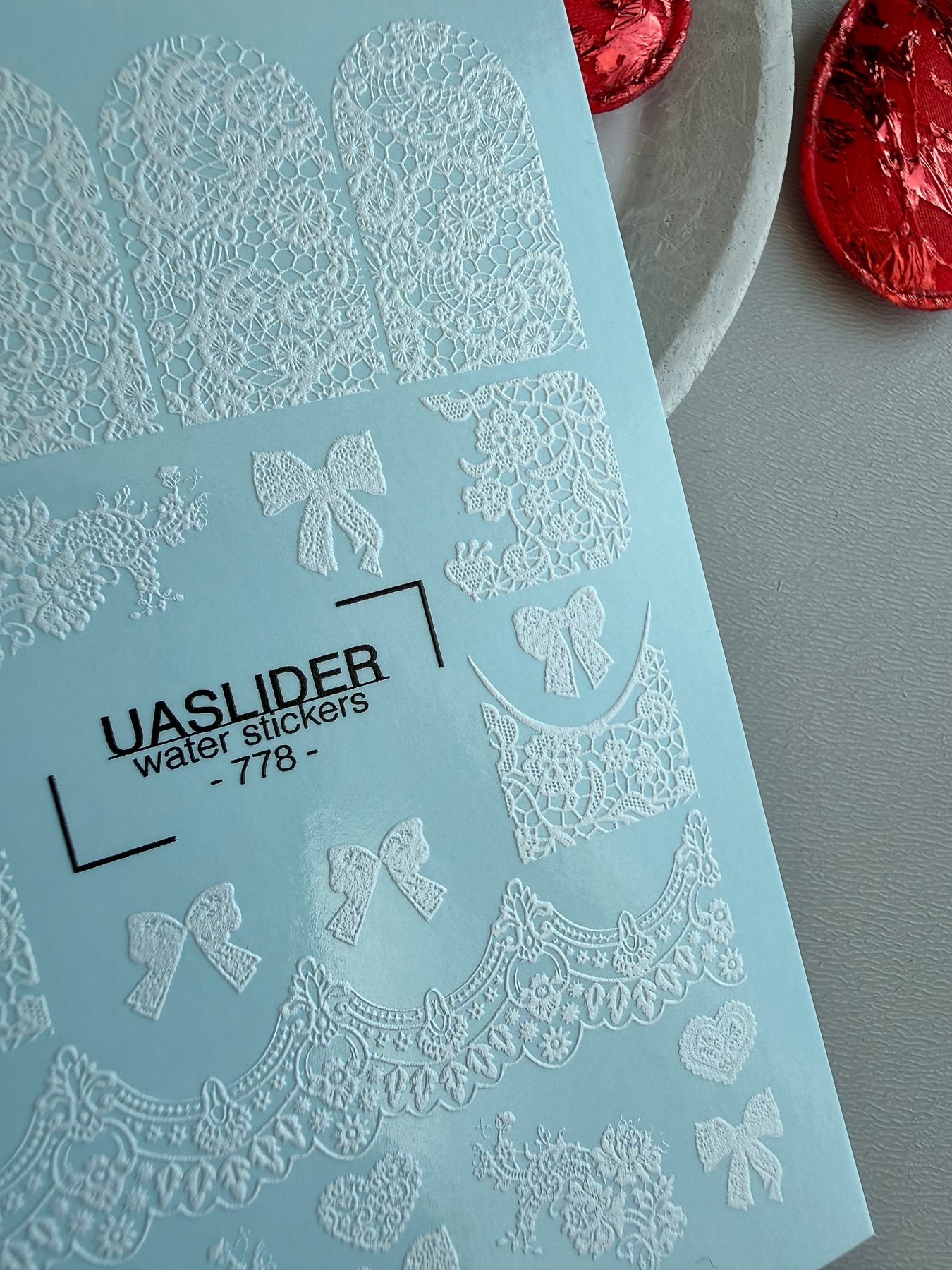 Lace Nail Decals — White Lace Wraps, Bows & Floral Hearts | 778 - UASLIDER