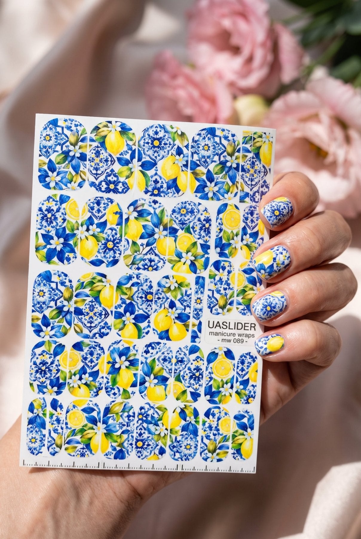 Lemon Blue Floral Manicure Nail Wraps — Tile Pattern | mw-089 - UASLIDER
