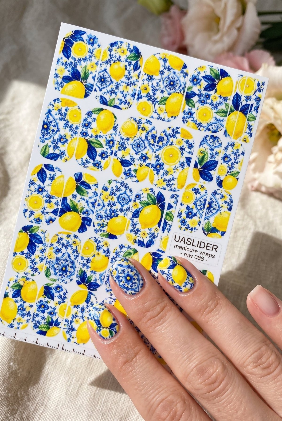 Lemon Garden Manicure Wraps — Blue Floral Tile Pattern | mw-088 - UASLIDER