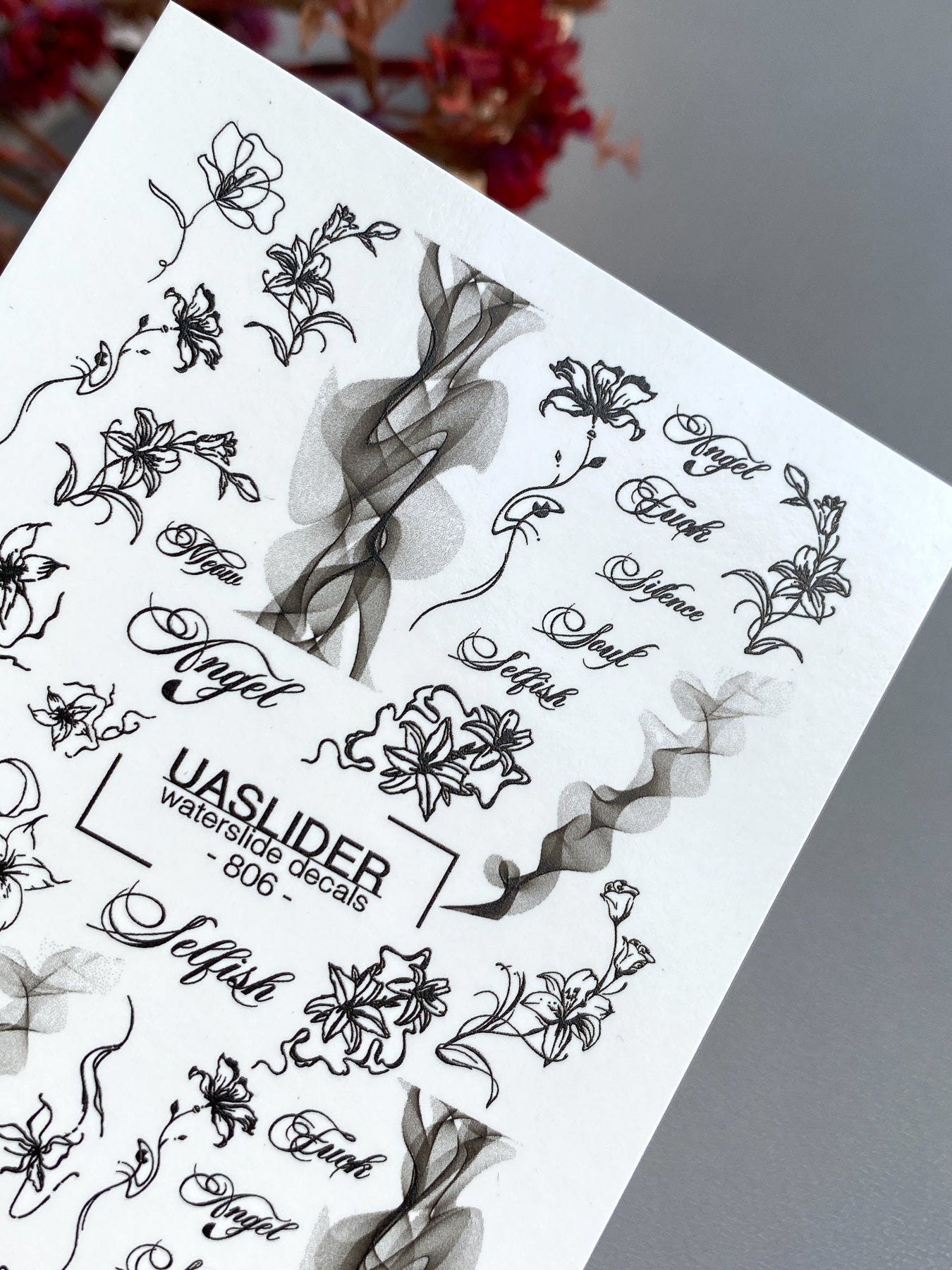 Lily & Script Nail Decals — Black Line Art Flowers & Words | 806 - UASLIDER
