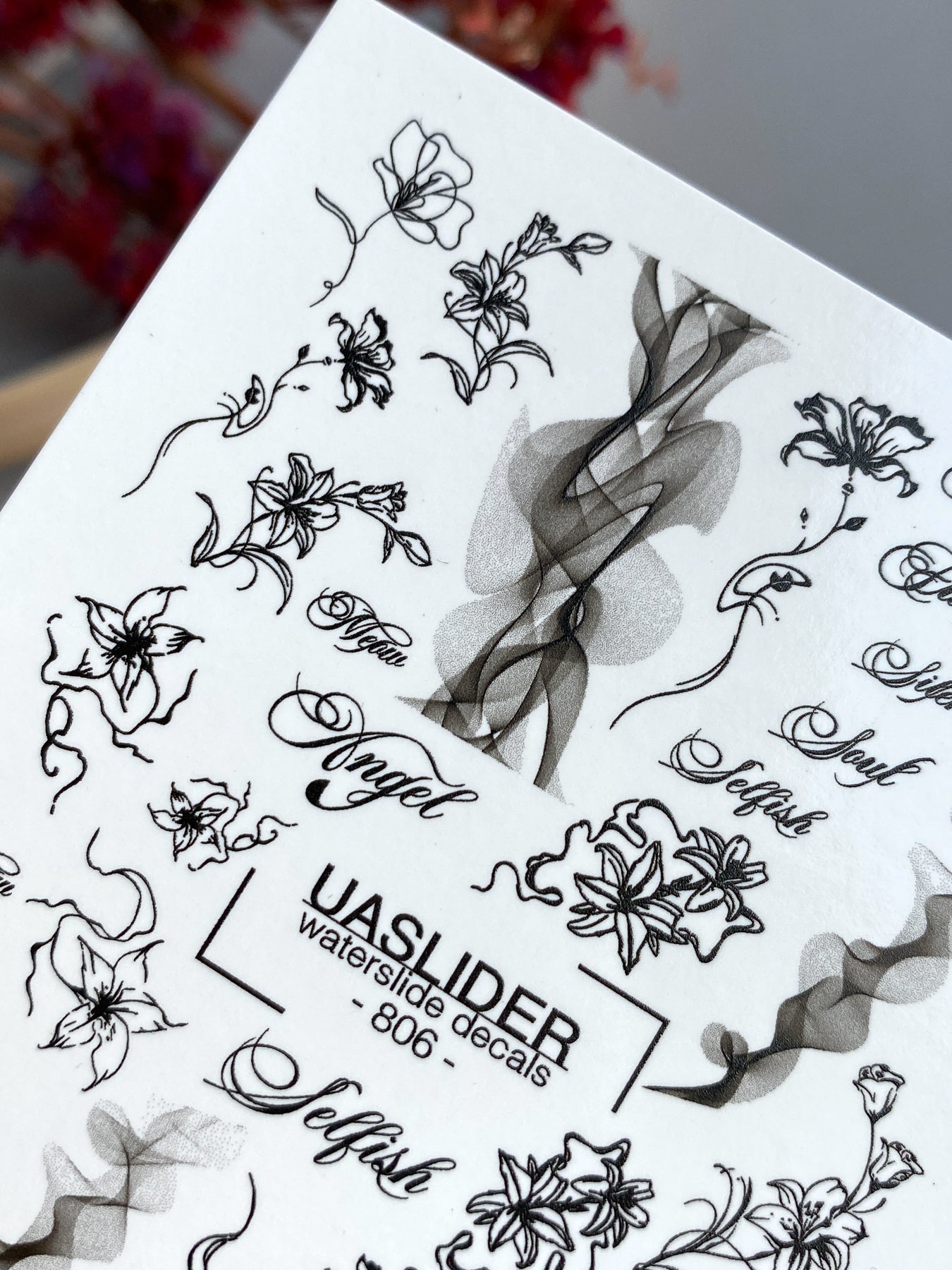 Lily & Script Nail Decals — Black Line Art Flowers & Words | 806 - UASLIDER