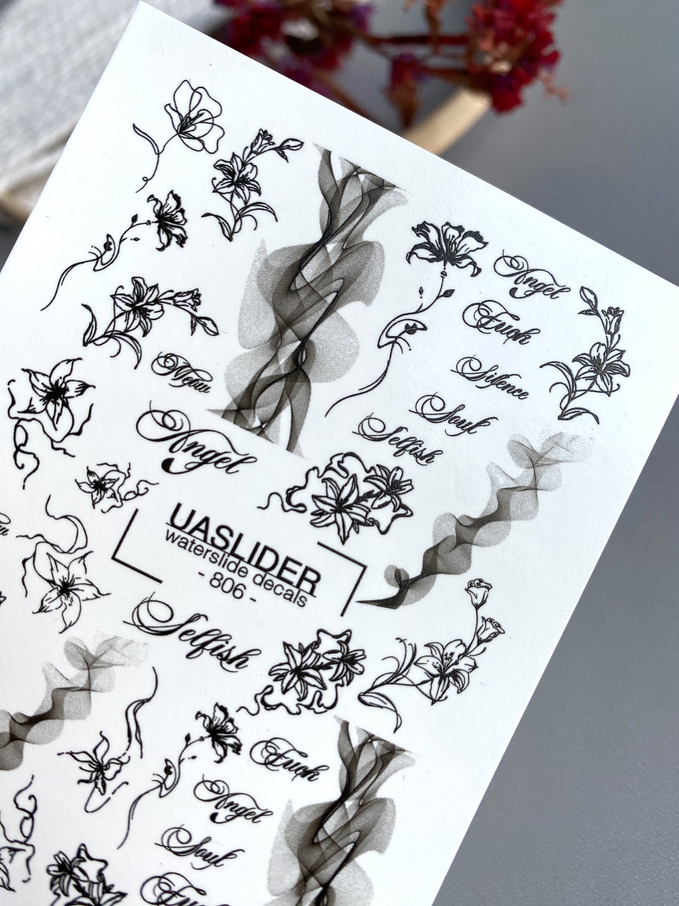 Lily & Script Nail Decals — Black Line Art Flowers & Words | 806 - UASLIDER