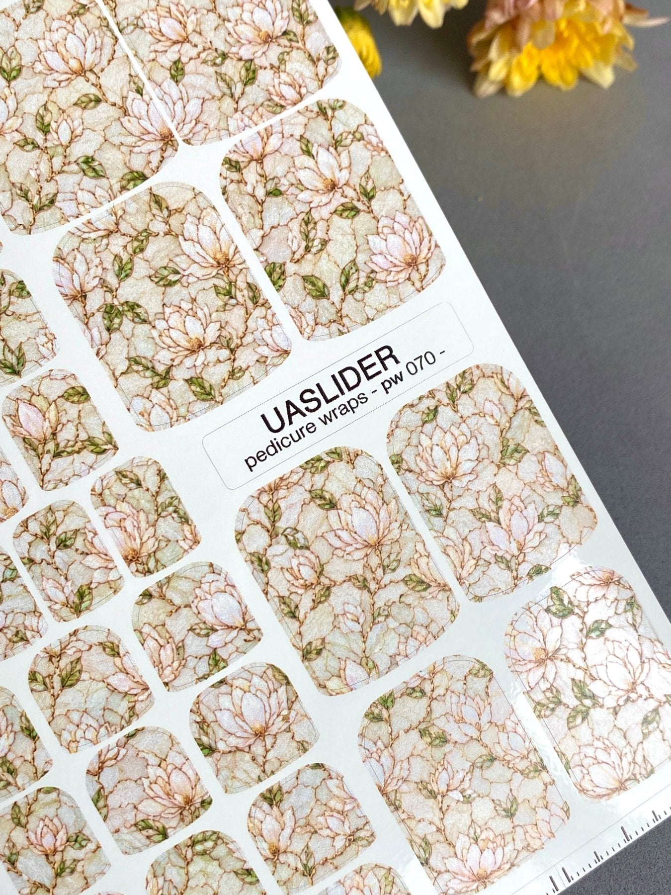 Line Art Magnolia Pedicure Nail Wraps — Shimmer on Textured Paper | PW-070 - UASLIDER