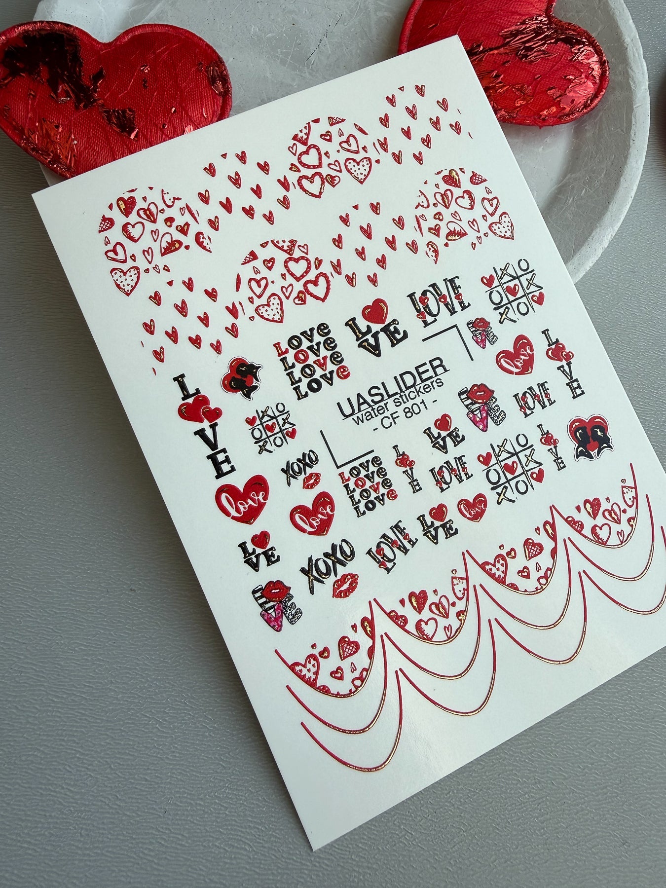 Love Text & Heart Nail Decals — XOXO Gold Foil Valentine | CF - 801 - UASLIDER