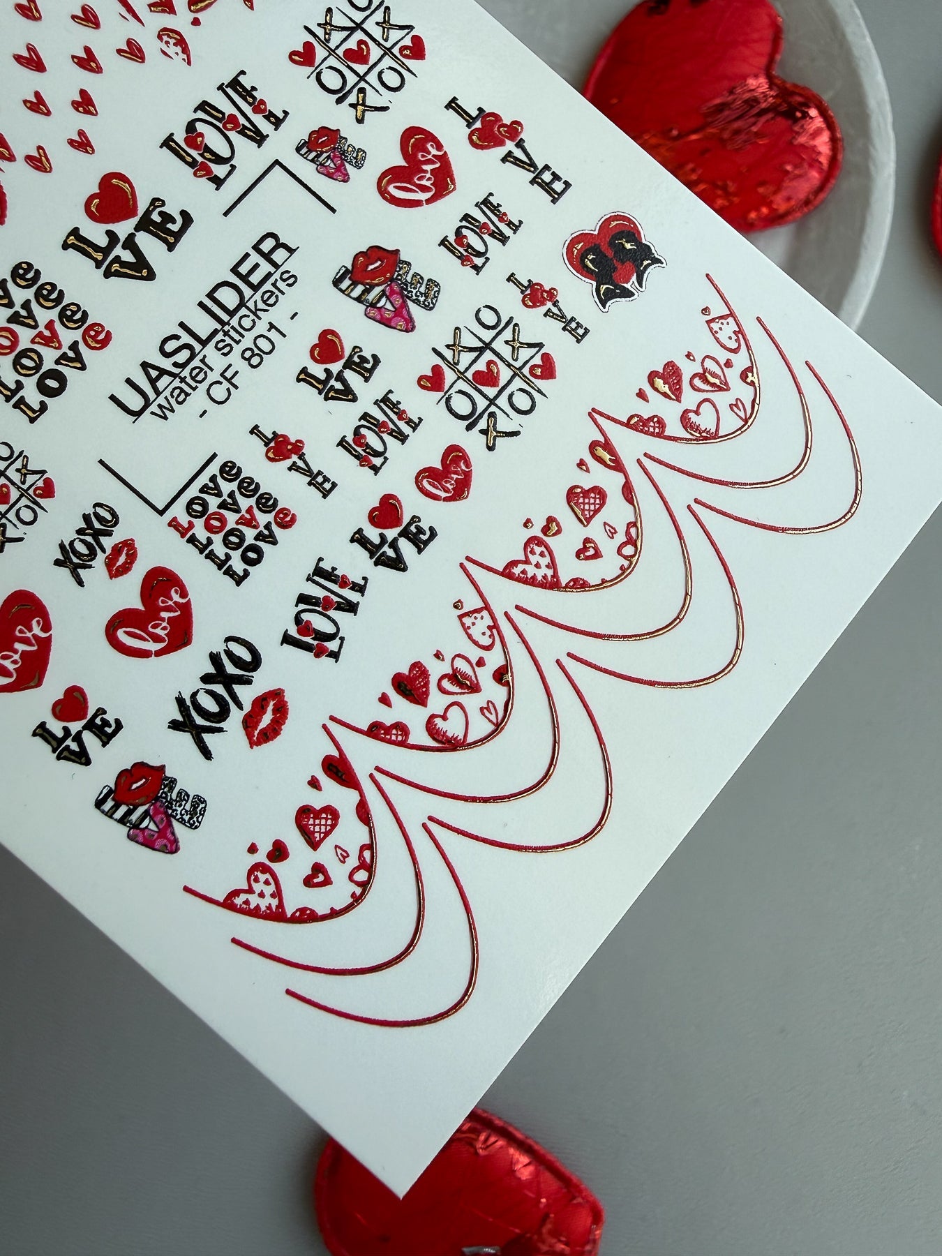 Love Text & Heart Nail Decals — XOXO Gold Foil Valentine | CF - 801 - UASLIDER