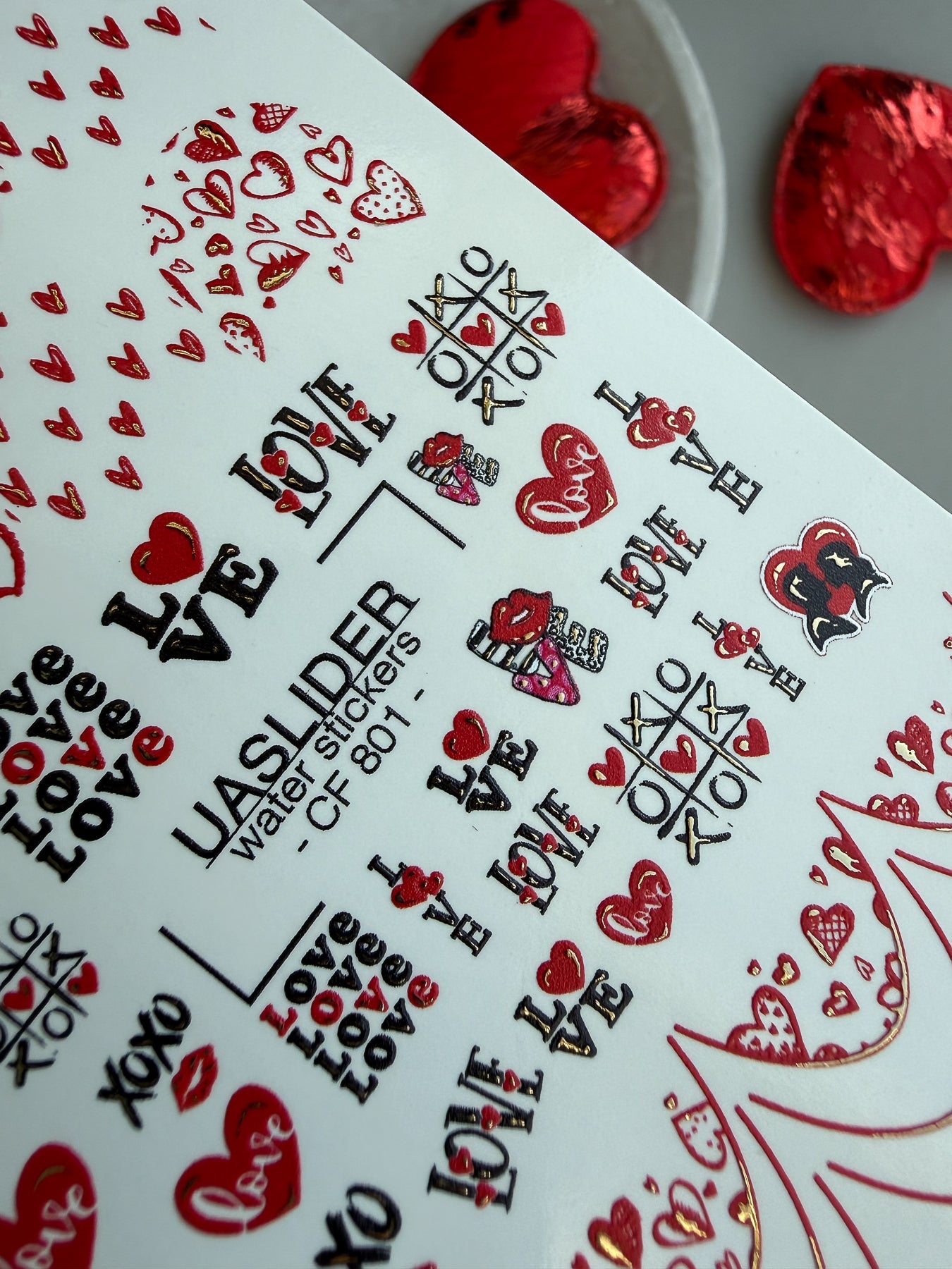 Love Text & Heart Nail Decals — XOXO Gold Foil Valentine | CF - 801 - UASLIDER