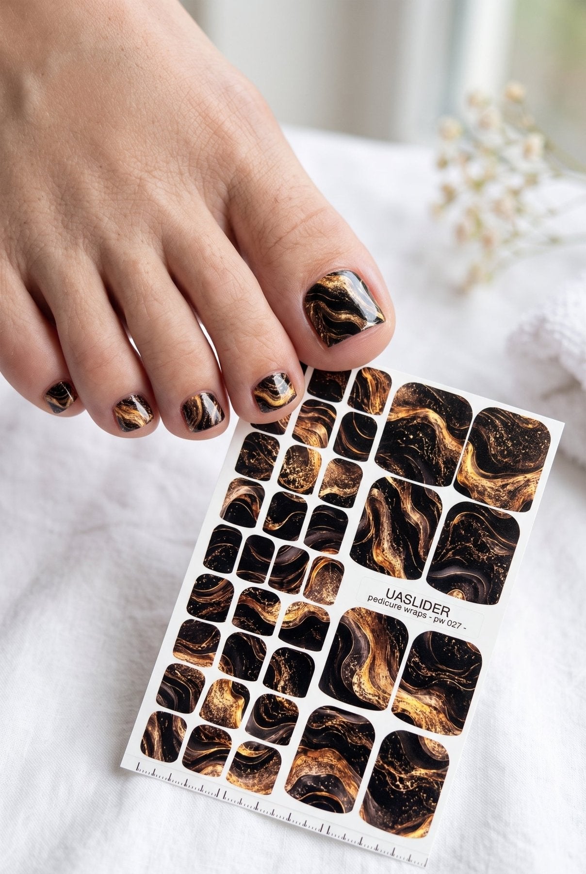 Marble Pedicure Nail Wraps — Black & Bronze Watercolor Marble with Gold | PW-027 - UASLIDER