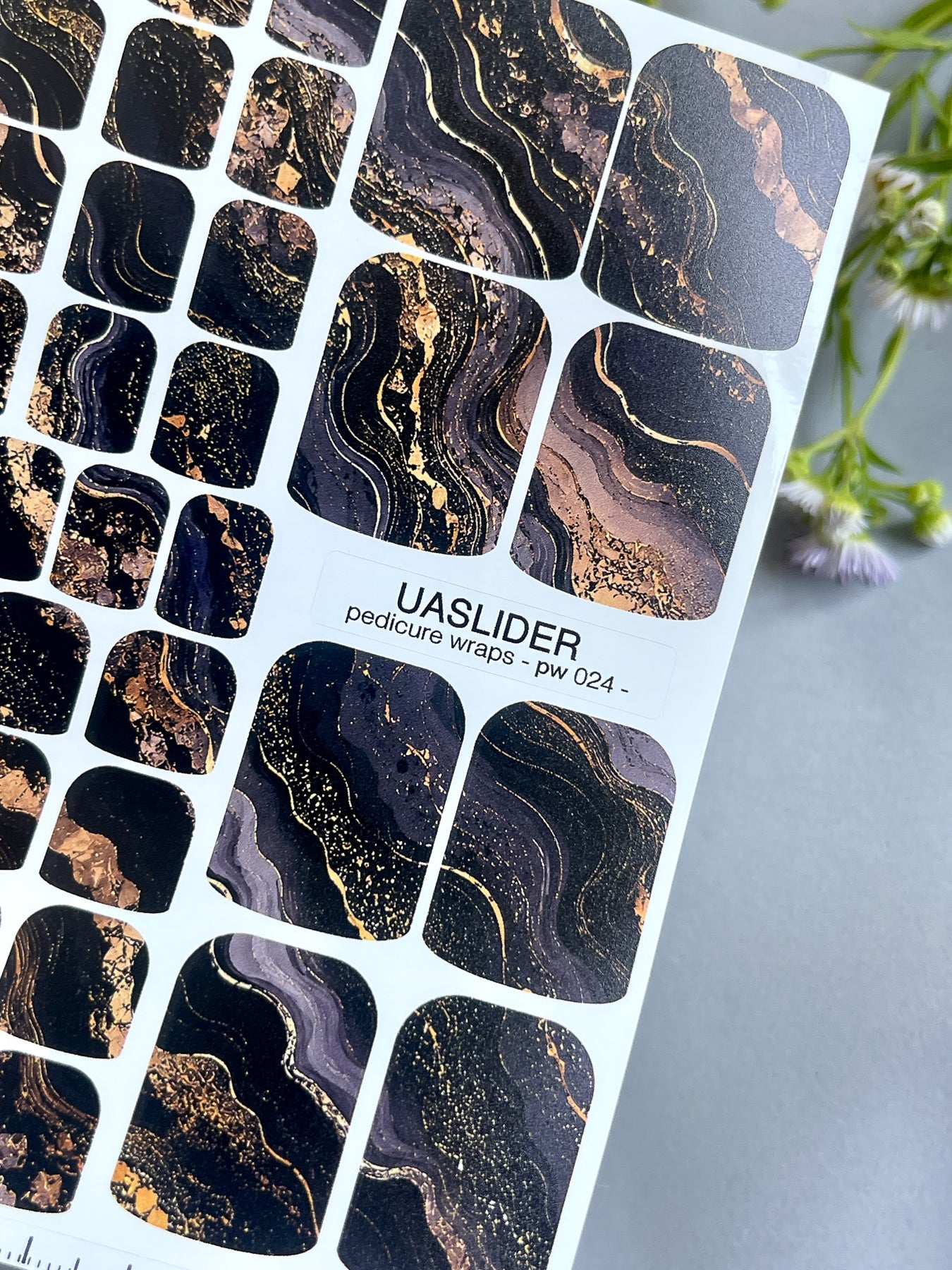 Marble Pedicure Nail Wraps — Black & Dark Navy Watercolor Marble with Gold | PW-024 - UASLIDER