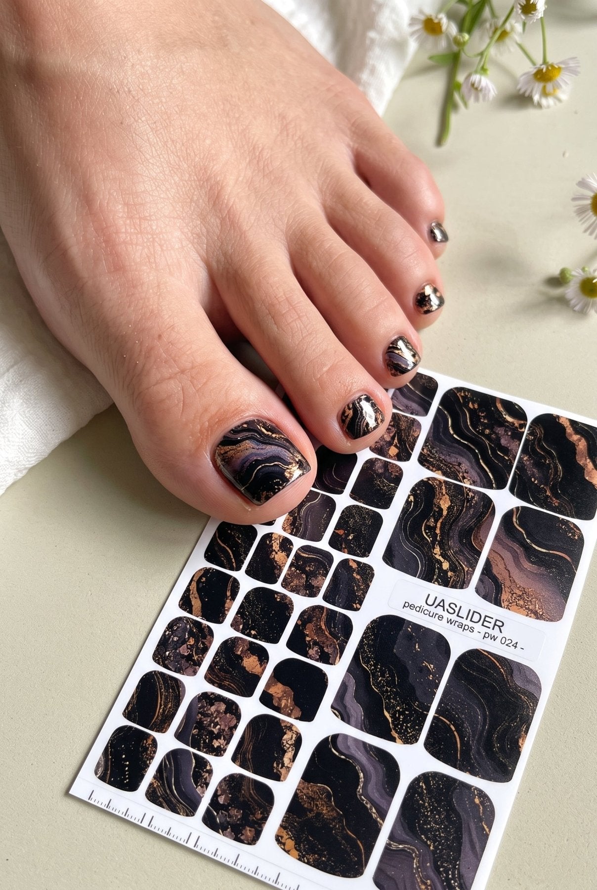 Marble Pedicure Nail Wraps — Black & Dark Navy Watercolor Marble with Gold | PW-024 - UASLIDER