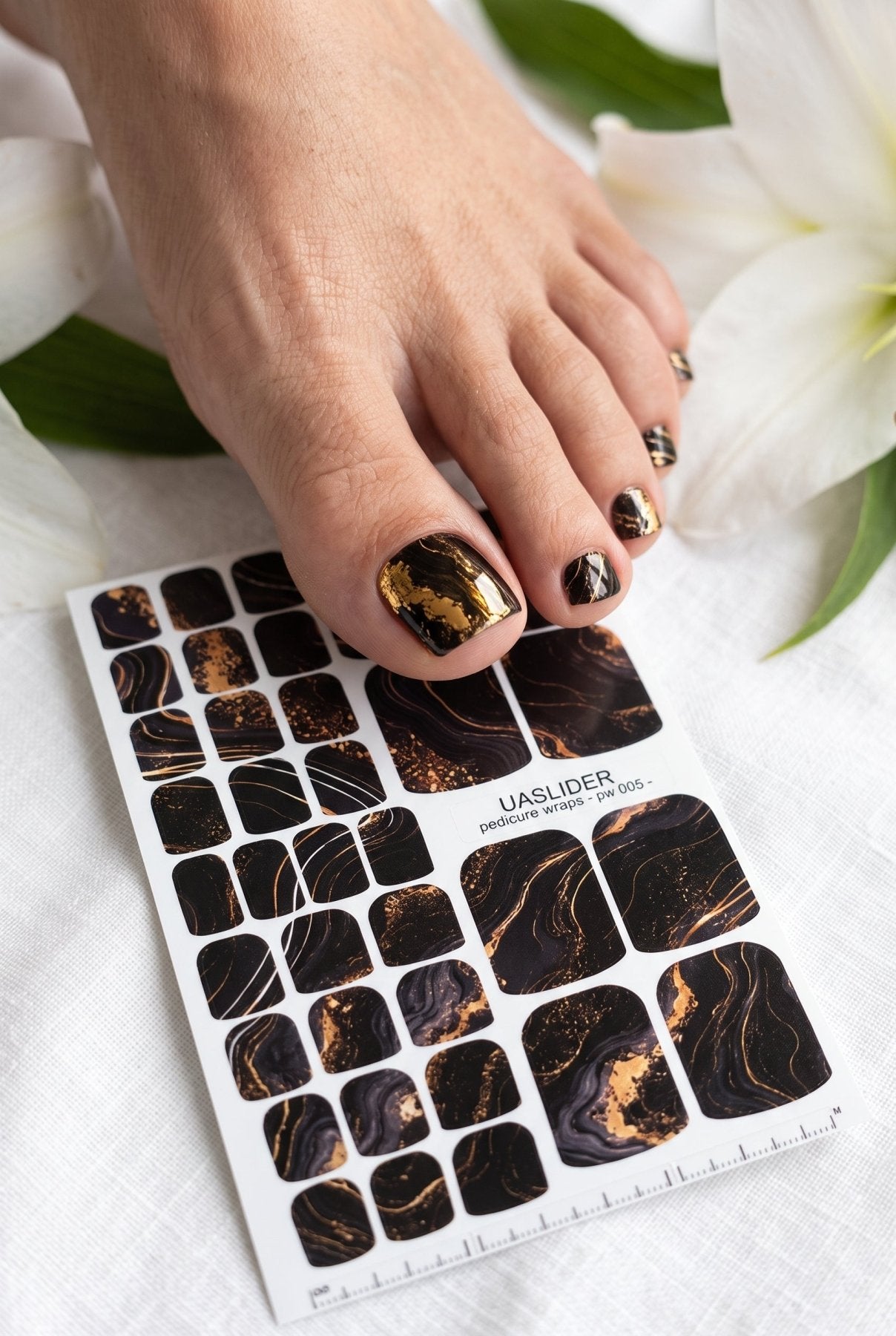 Marble Pedicure Nail Wraps — Black & Gold Swirl with Glitter | PW-005 - UASLIDER