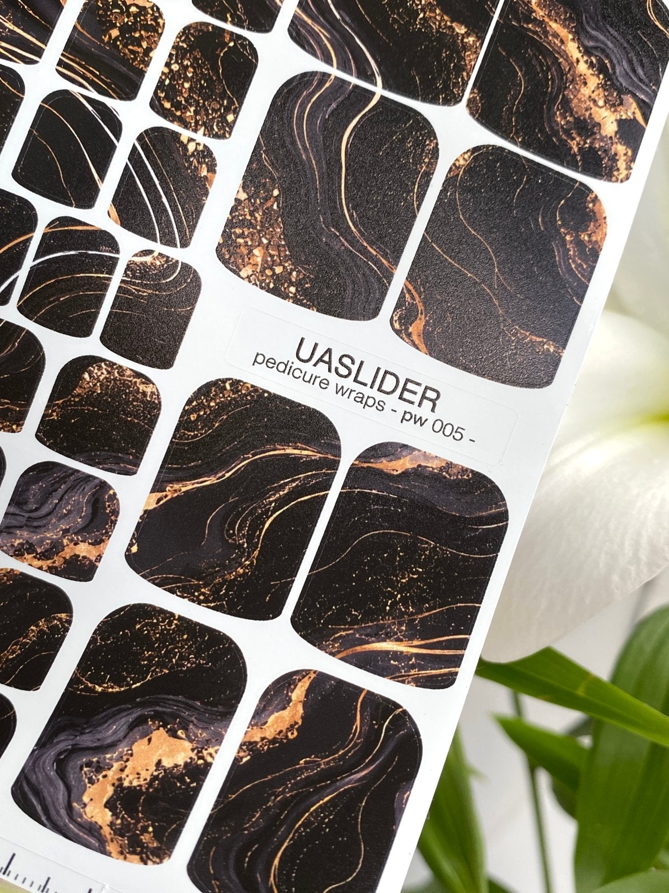 Marble Pedicure Nail Wraps — Black & Gold Swirl with Glitter | PW-005 - UASLIDER