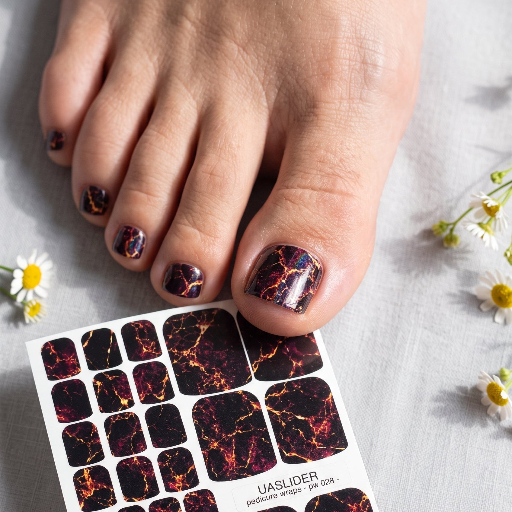 Marble Pedicure Nail Wraps — Black & Red Lava Marble with Gold Veins | PW-028 - UASLIDER