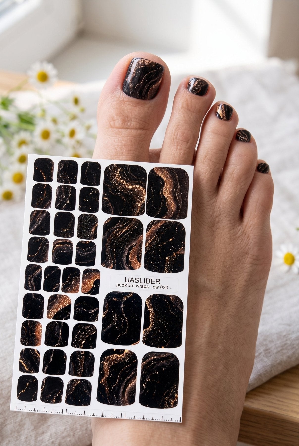 Marble Pedicure Nail Wraps — Black & Rose Gold Watercolor Marble with Glitter | PW-030 - UASLIDER