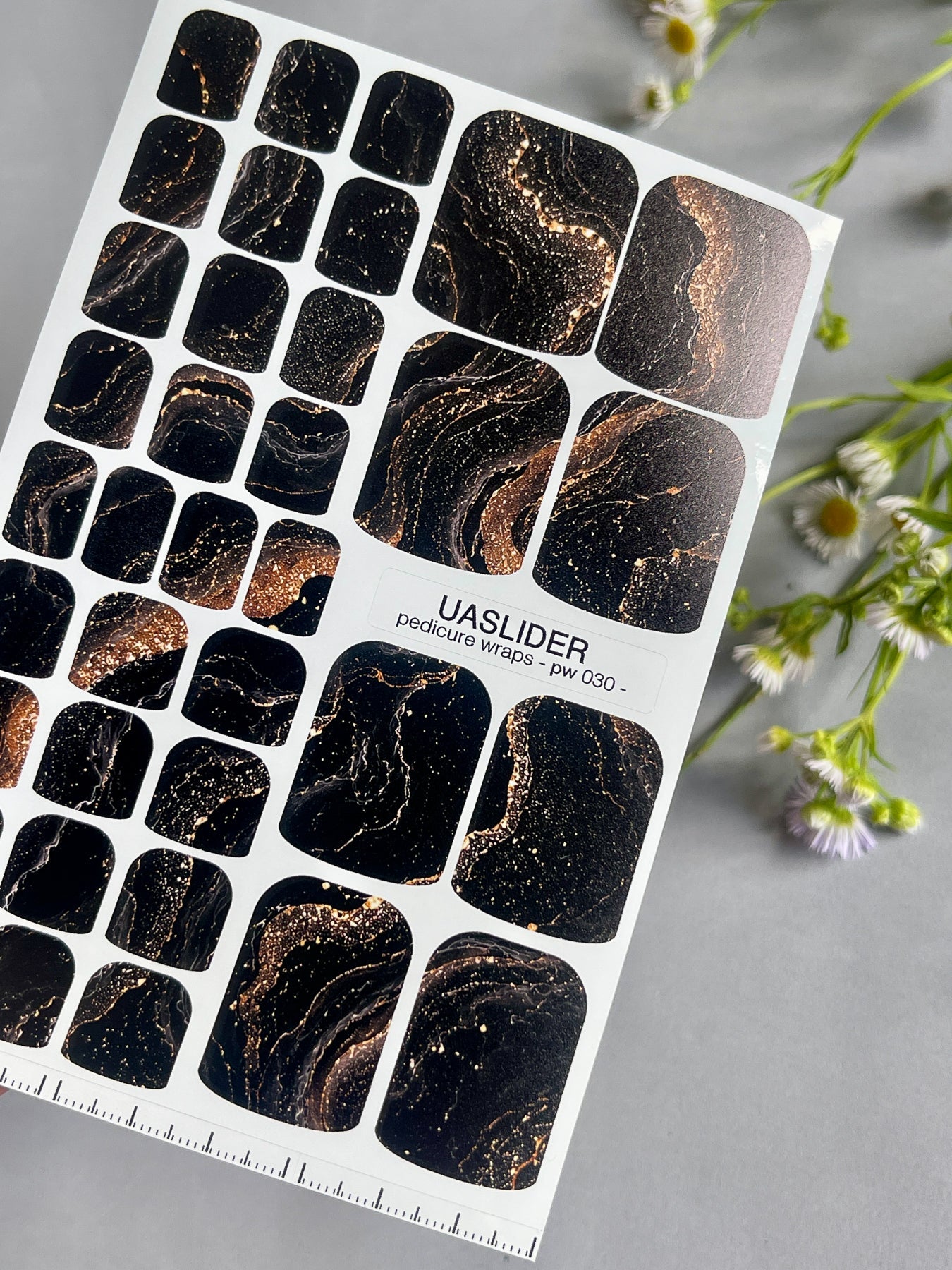 Marble Pedicure Nail Wraps — Black & Rose Gold Watercolor Marble with Glitter | PW-030 - UASLIDER