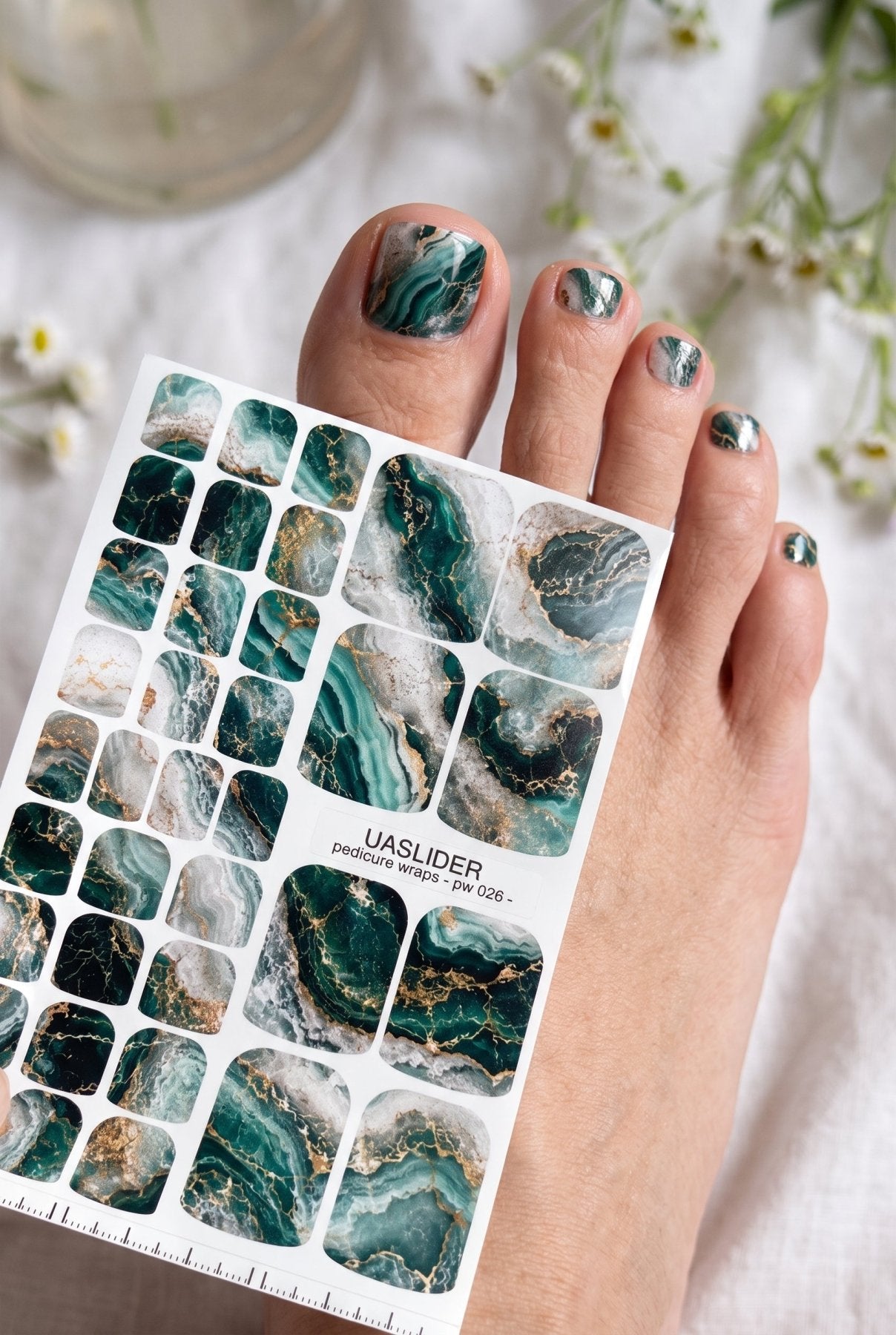 Marble Pedicure Nail Wraps — Deep Teal & White Watercolor Marble with Gold | PW-026 - UASLIDER