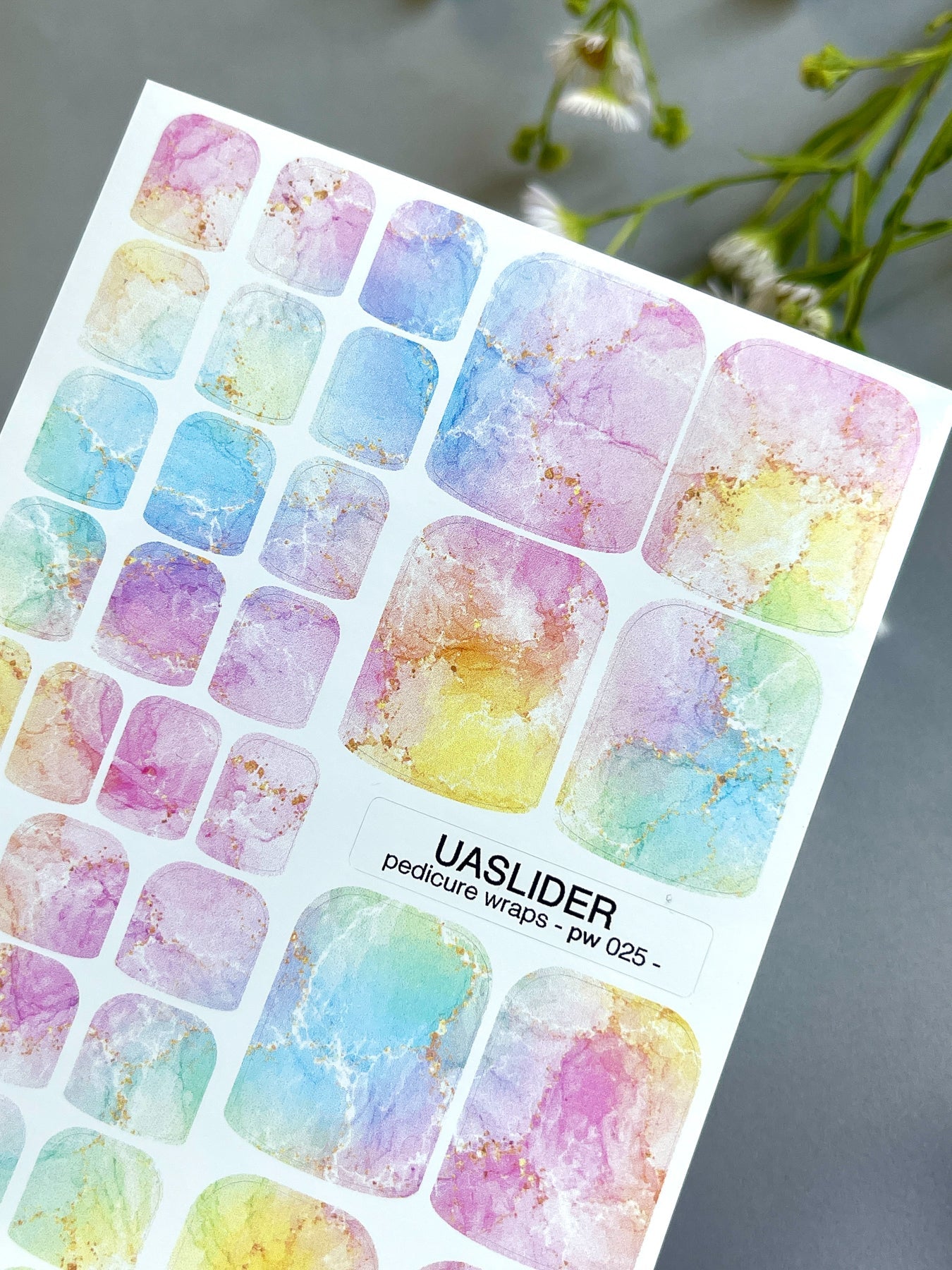 Marble Pedicure Nail Wraps — Pastel Rainbow Watercolor Marble with Gold | PW-025 - UASLIDER