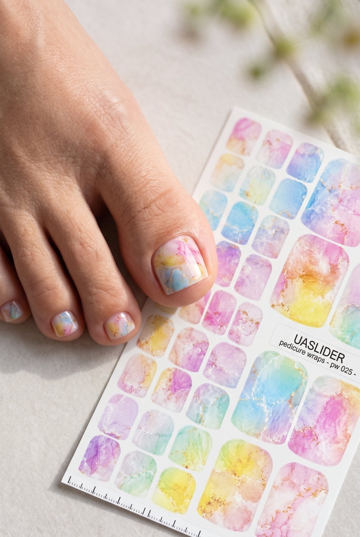 Marble Pedicure Nail Wraps — Pastel Rainbow Watercolor Marble with Gold | PW-025 - UASLIDER