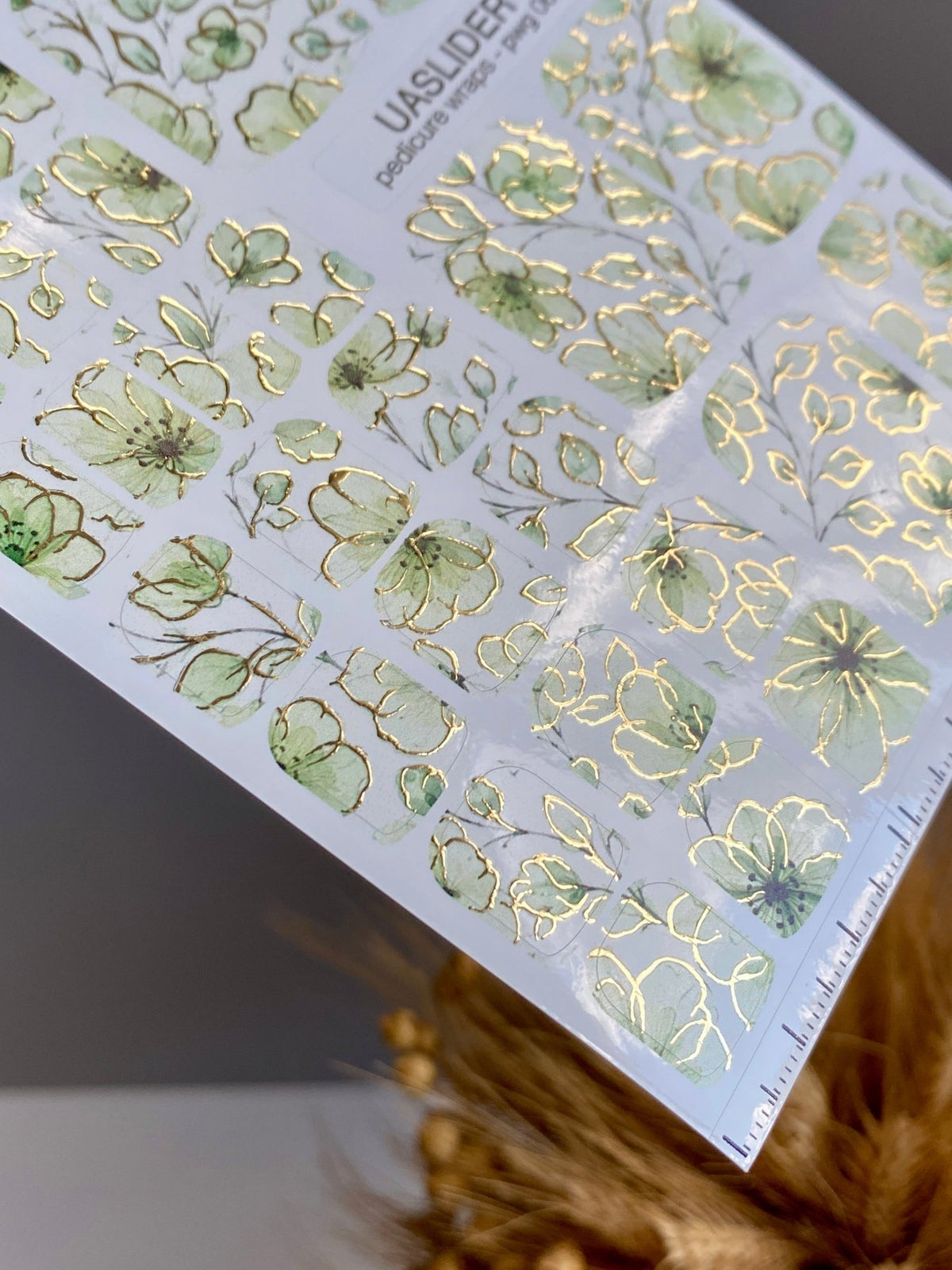 Mint Floral Pedicure Wraps — Gold Foil Outline | pwg-066 - UASLIDER
