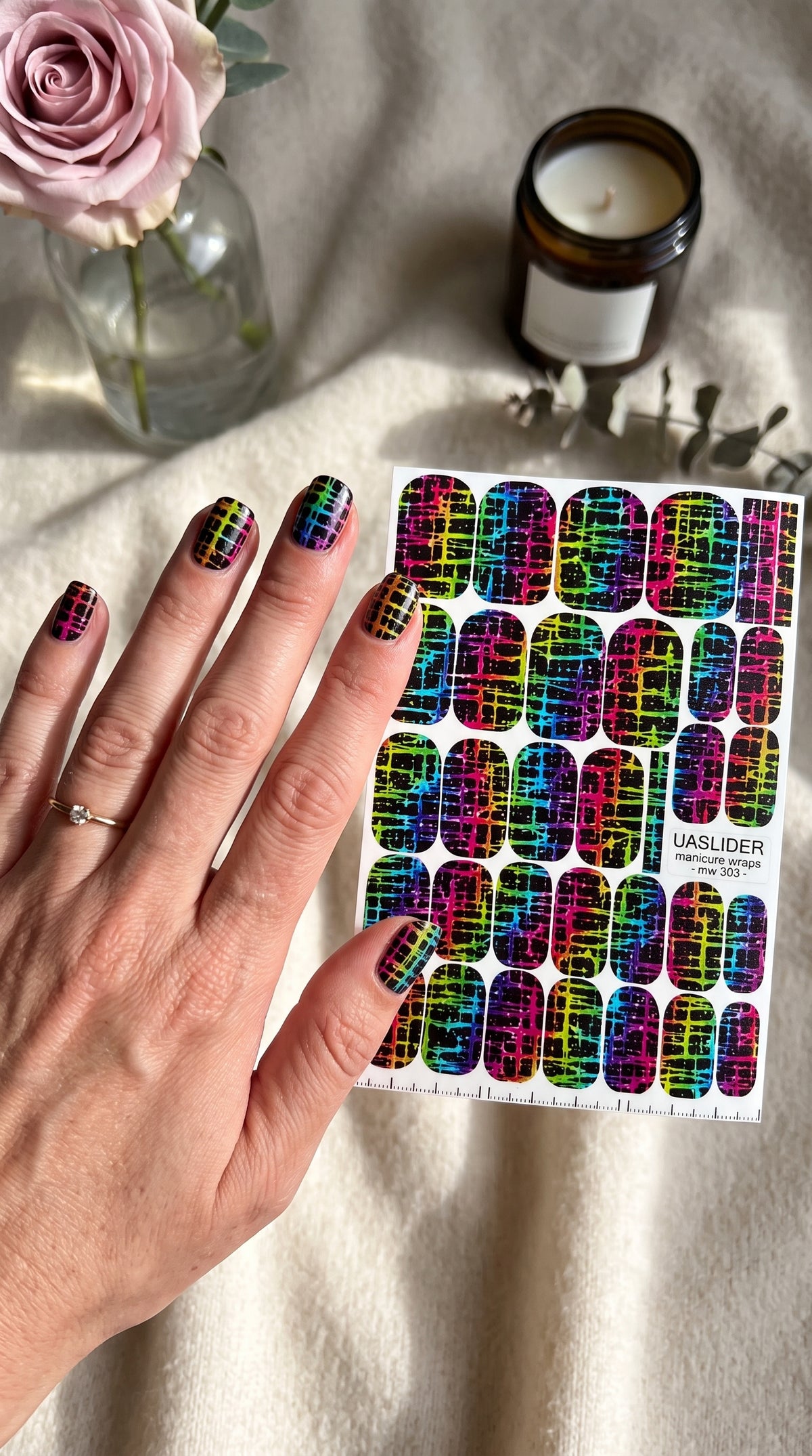 Neon Grid Manicure Wraps — Rainbow Plaid on Black | mw-303