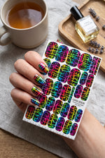 Neon Grid Manicure Wraps — Rainbow Plaid on Black | mw-303
