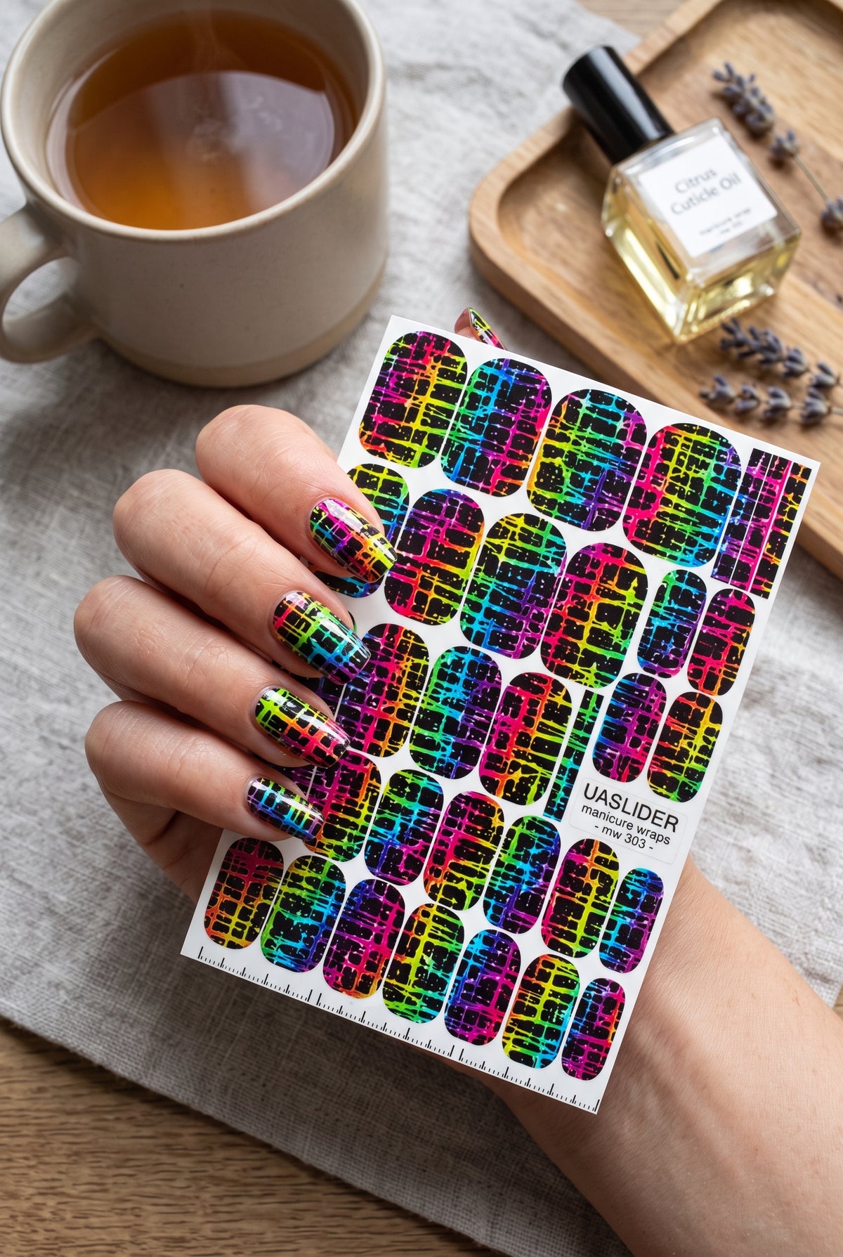 Neon Grid Manicure Wraps — Rainbow Plaid on Black | mw-303