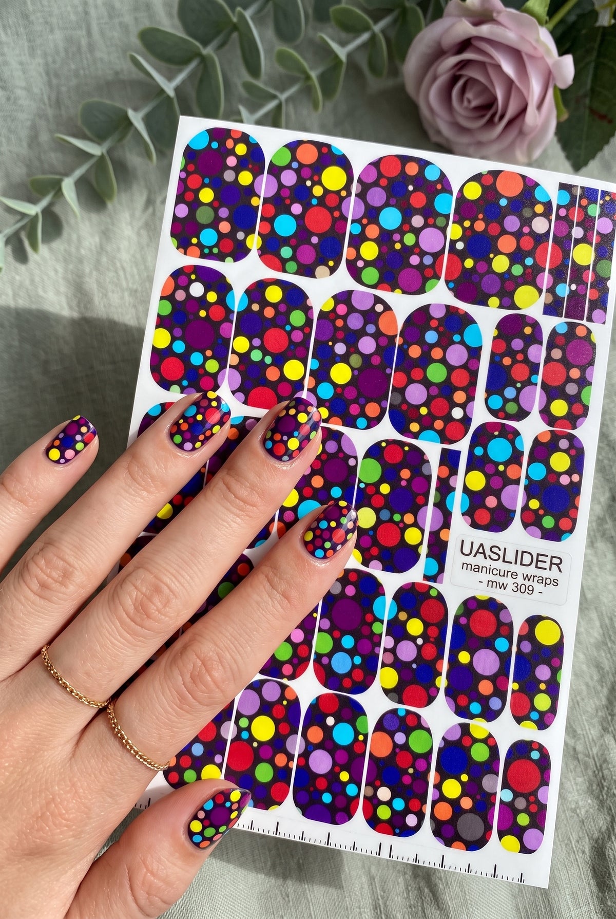 Colorful Polka Dot Manicure Wraps — Dark Background | mw-309
