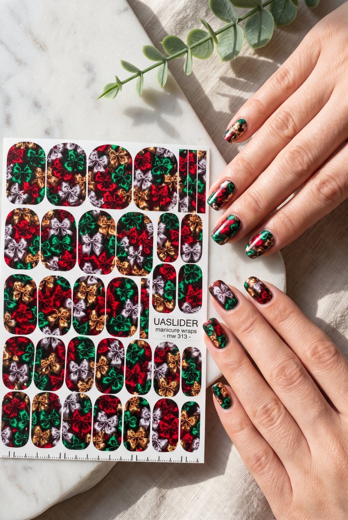Satin Bow Manicure Wraps — Red, Green & Ivory | mw-313