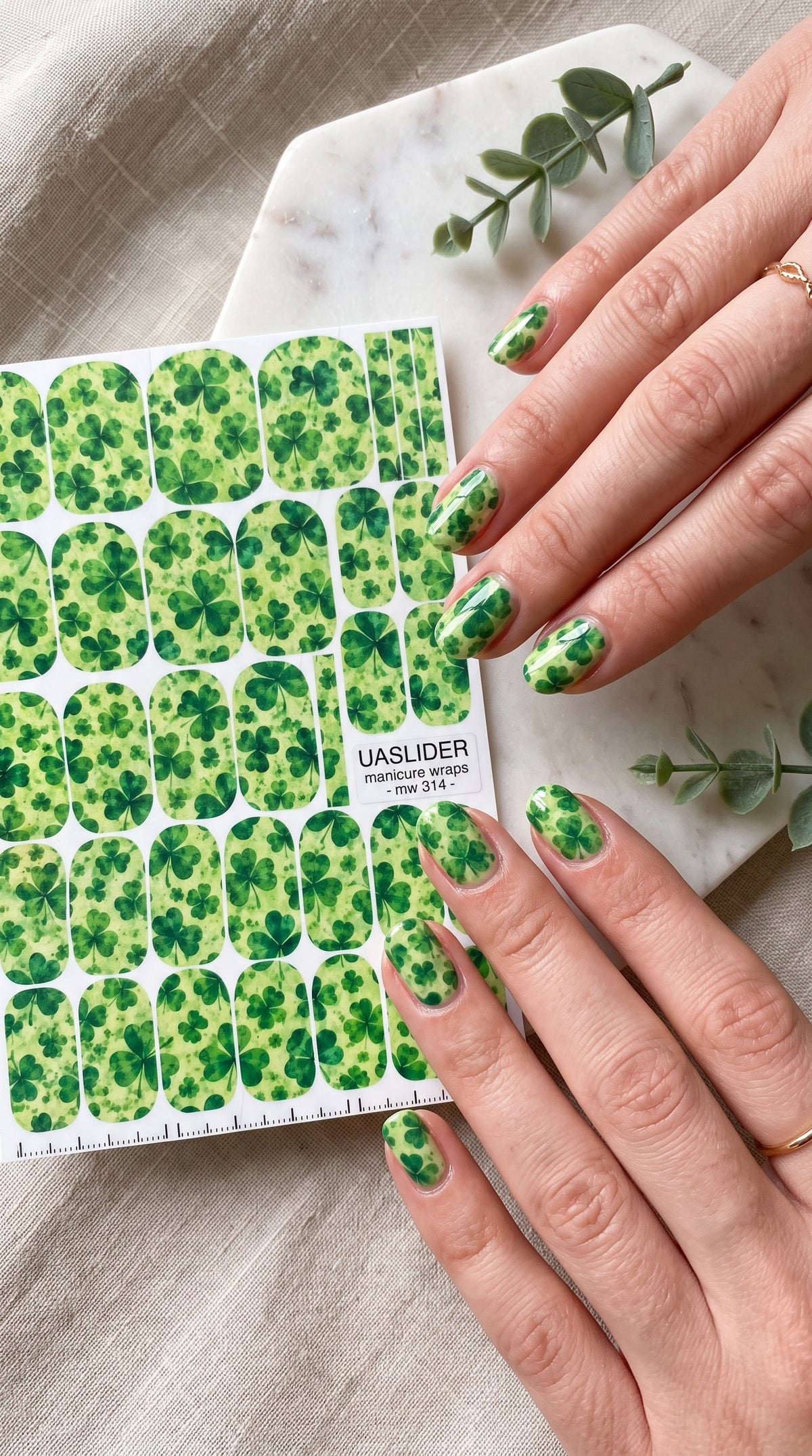 Four-Leaf Clover Manicure Wraps — Green Lucky Pattern | mw-314