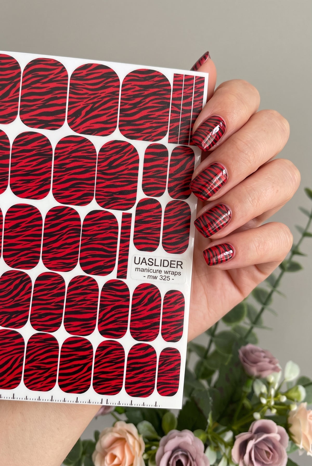Red Zebra Print Manicure Wraps — Black Stripes | mw-325