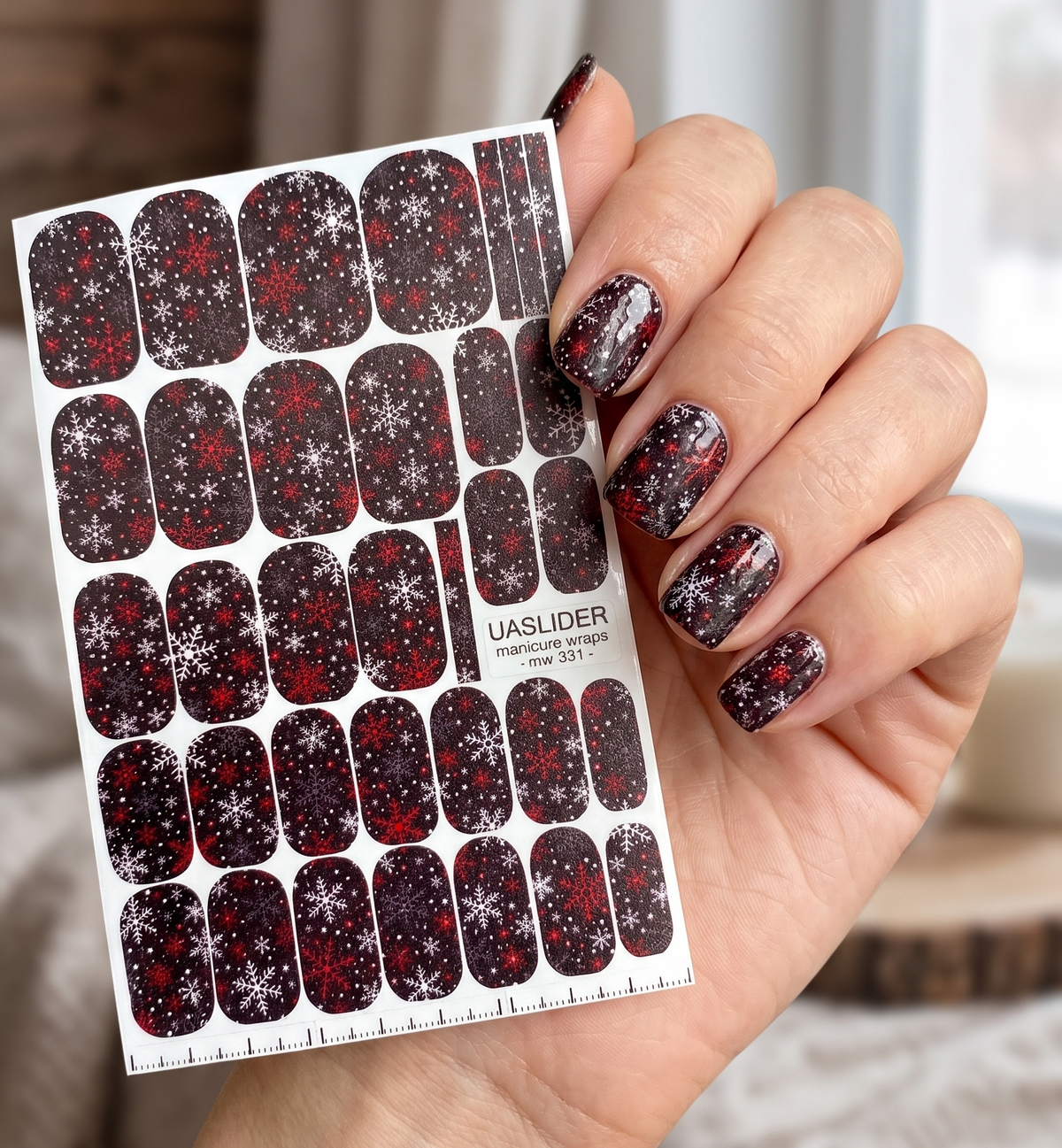 Snowflake Manicure Wraps — Red & White on Black | mw-331