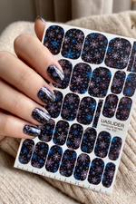 Blue Snowflake Manicure Wraps — White on Black | mw-332