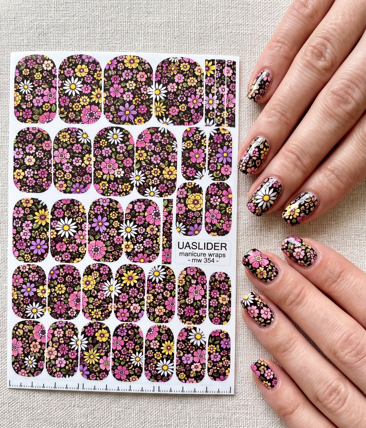 Daisy Manicure Wraps — Pink Yellow & White Florals | mw-354