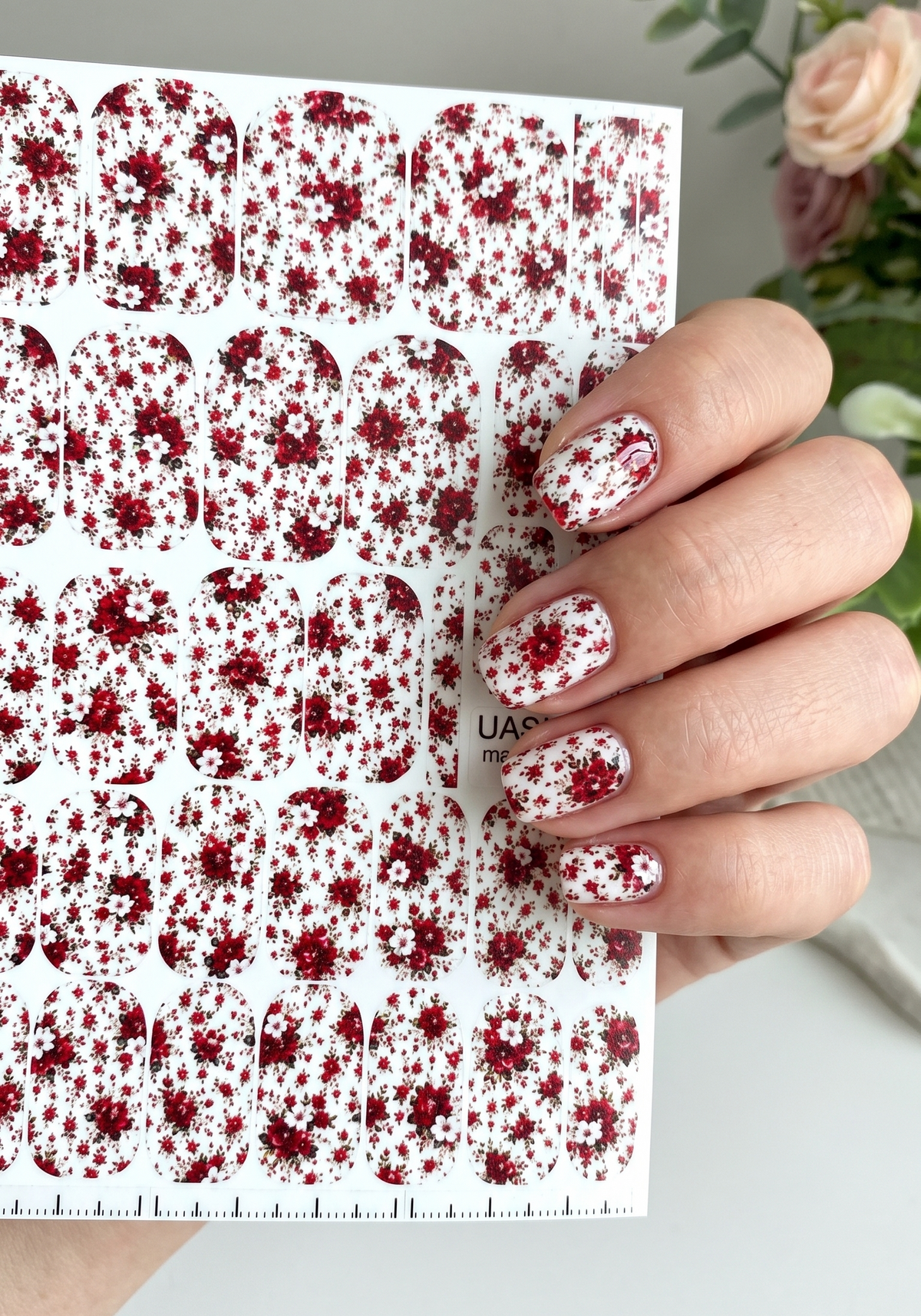 Red Rose Manicure Wraps — Tiny Floral Print | mw-357