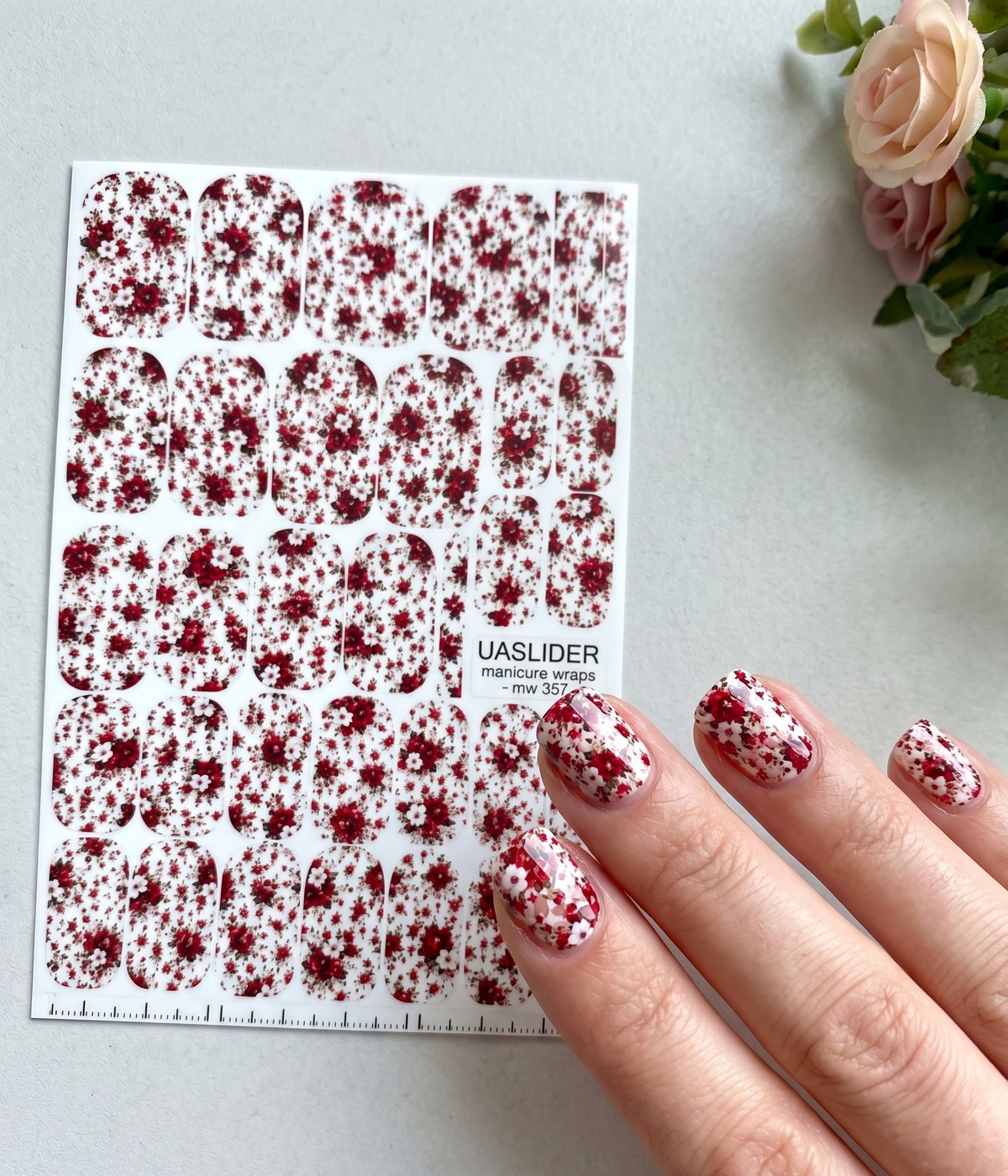 Red Rose Manicure Wraps — Tiny Floral Print | mw-357