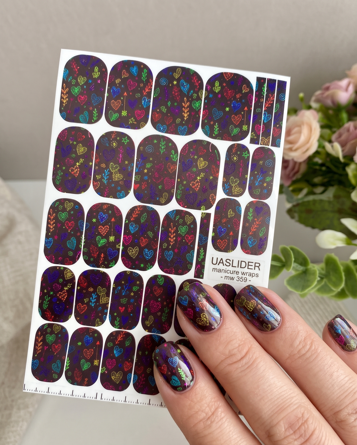 Neon Heart Manicure Wraps — Colorful Doodle Print | mw-359