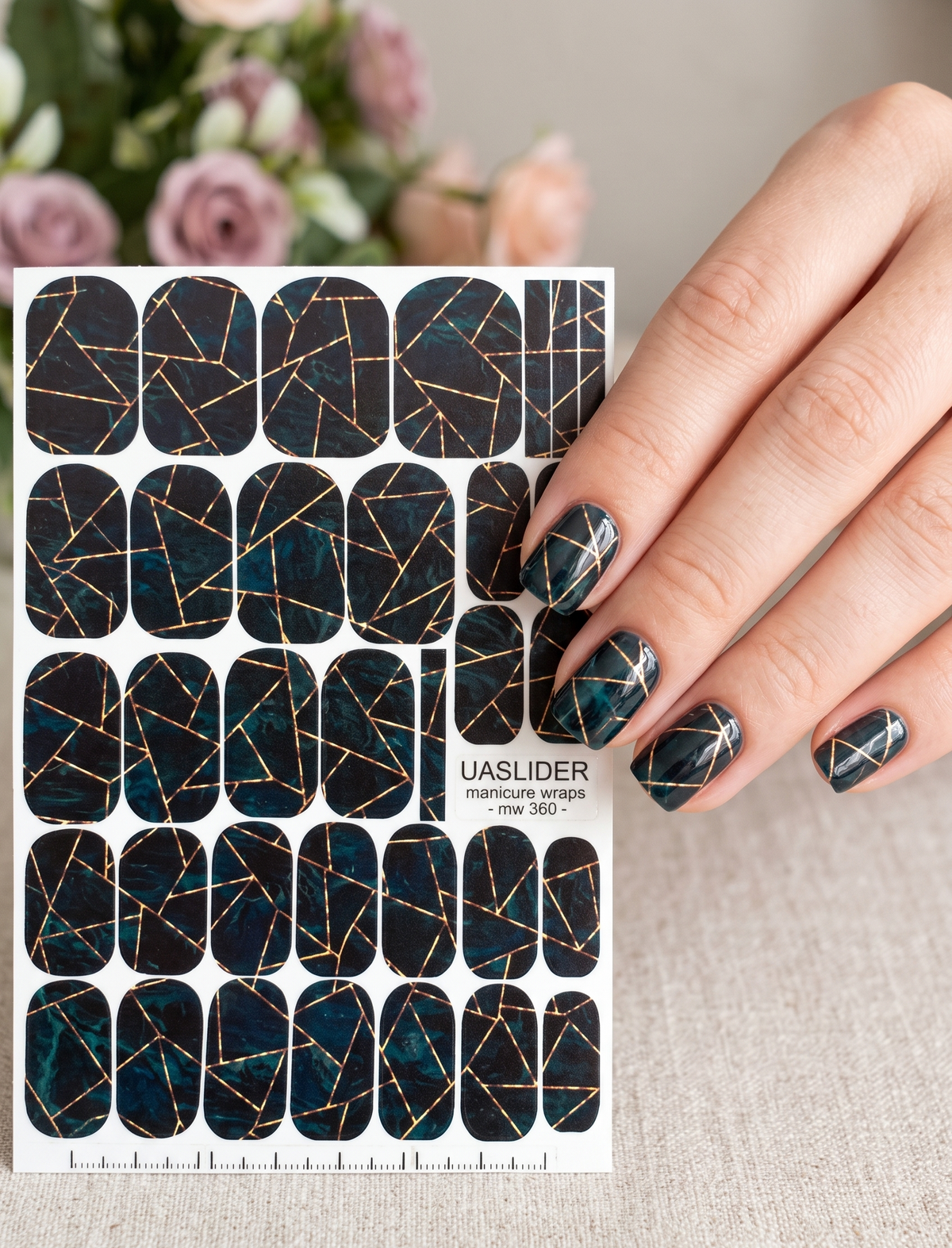 Geometric Manicure Wraps — Dark Teal Marble Lines | mw-360