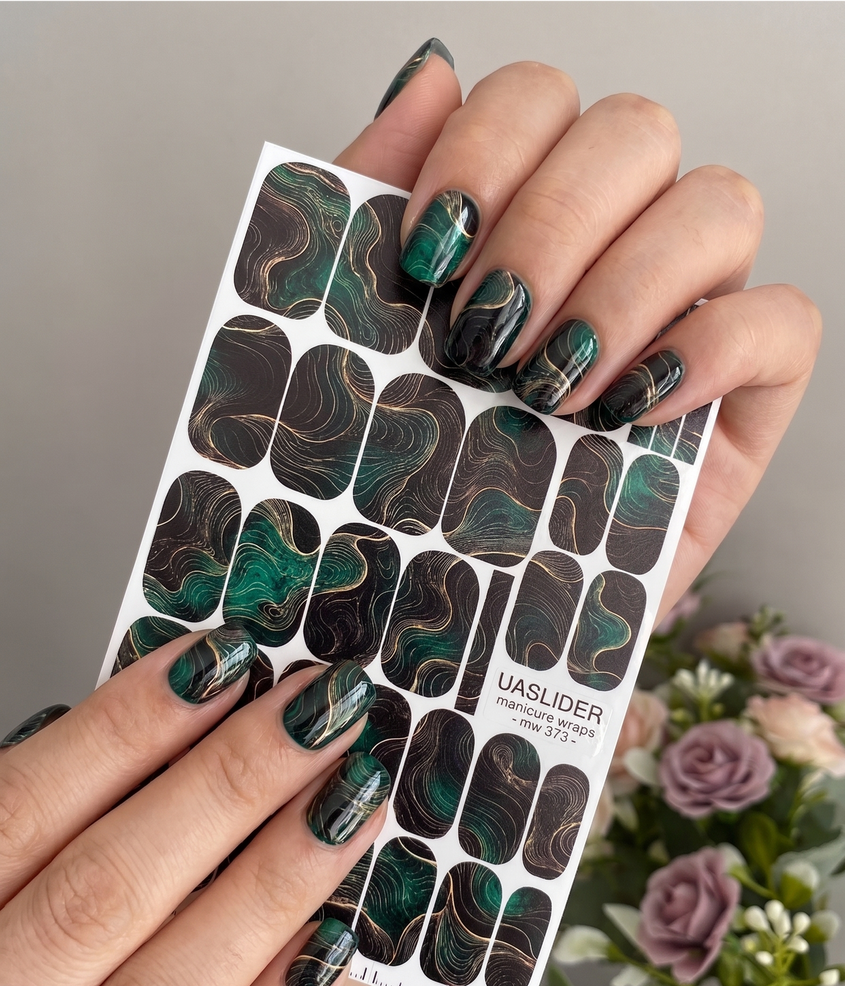Emerald Topographic Manicure Wraps — Flowing Contour Lines | mw-373