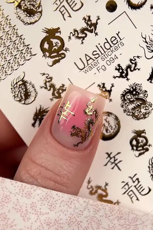 Nail Water Decal Fg - 094 | Water Slide Nail Decals | Gold Dragons & Asian Calligraphy - UASLIDER