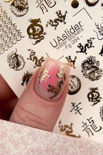 Nail Water Decal Fg - 094 | Water Slide Nail Decals | Gold Dragons & Asian Calligraphy - UASLIDER